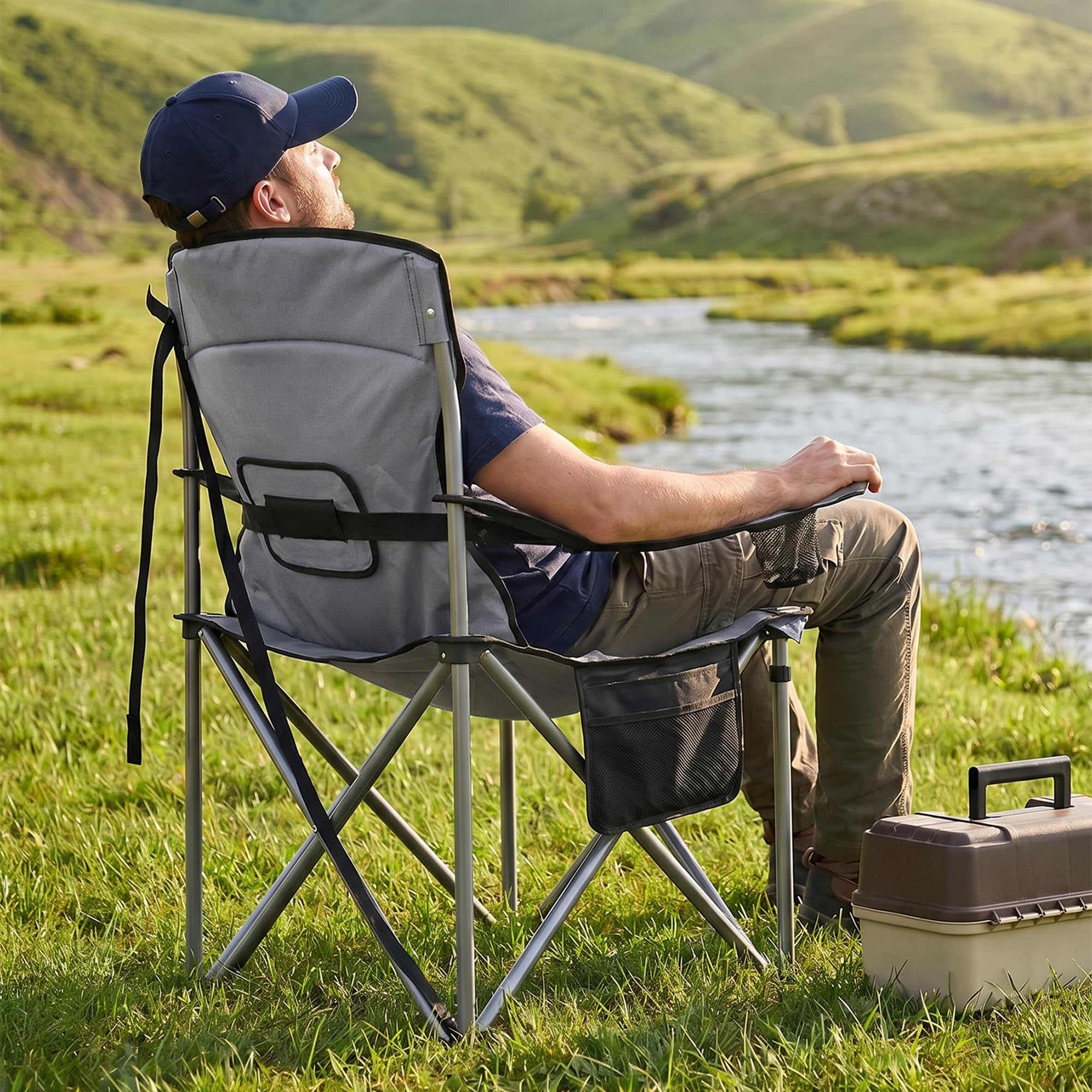 Hzuaneri Silla de Camping Plegable Soporta hasta 220kg, Silla de Pesca con Bolsa Térmica y Portavasos, Respaldo Alto Acolchado para Jardín y Playa, Negro y Gris CC00299EGR