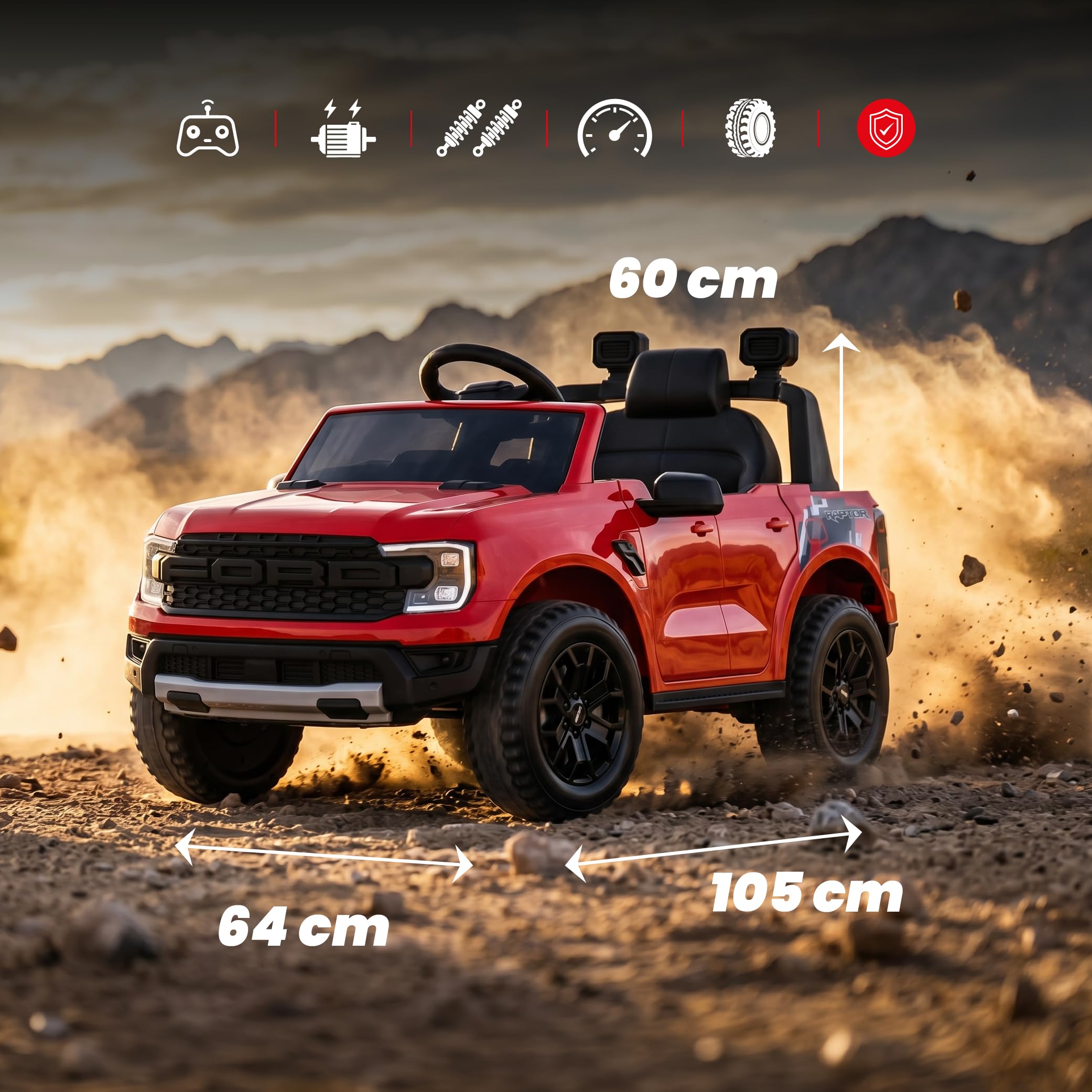 SUN BABY Ford Raptor - Auto Elettrica per Bambini 3-6 Anni, Macchina Elettrica 12V 4,5Ah, Telecomando Genitori, MP3, Luci LED, Sospensioni - Rosso