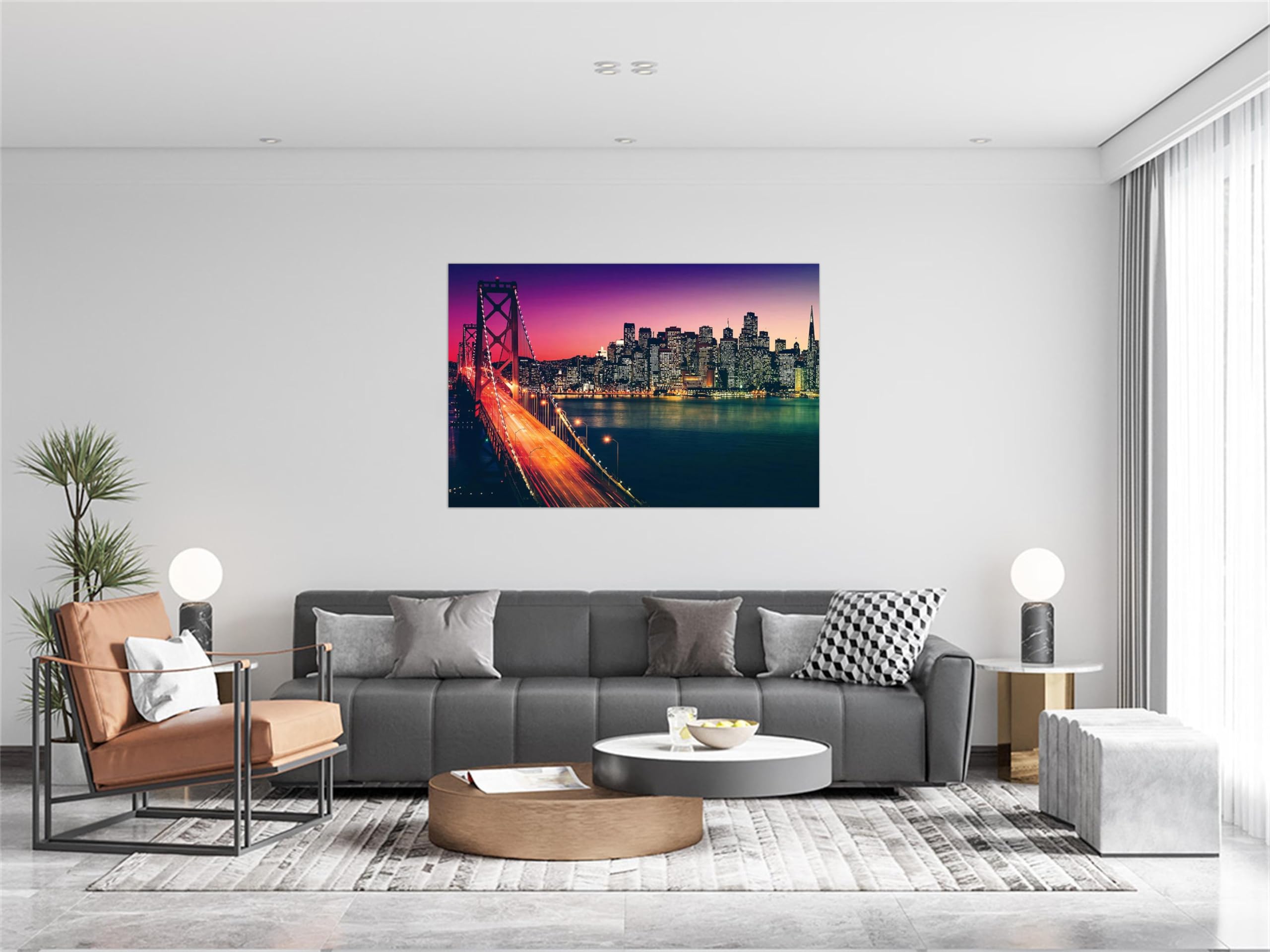 Stadtlandschaft Leinwandbild-Panorama Bilder auf Leinwand-Landschaftsbilder Wandbilder Wohnzimmer Moderne(Gebäude Brücke Nacht) 60x90cm Umwickelte Leinwand
