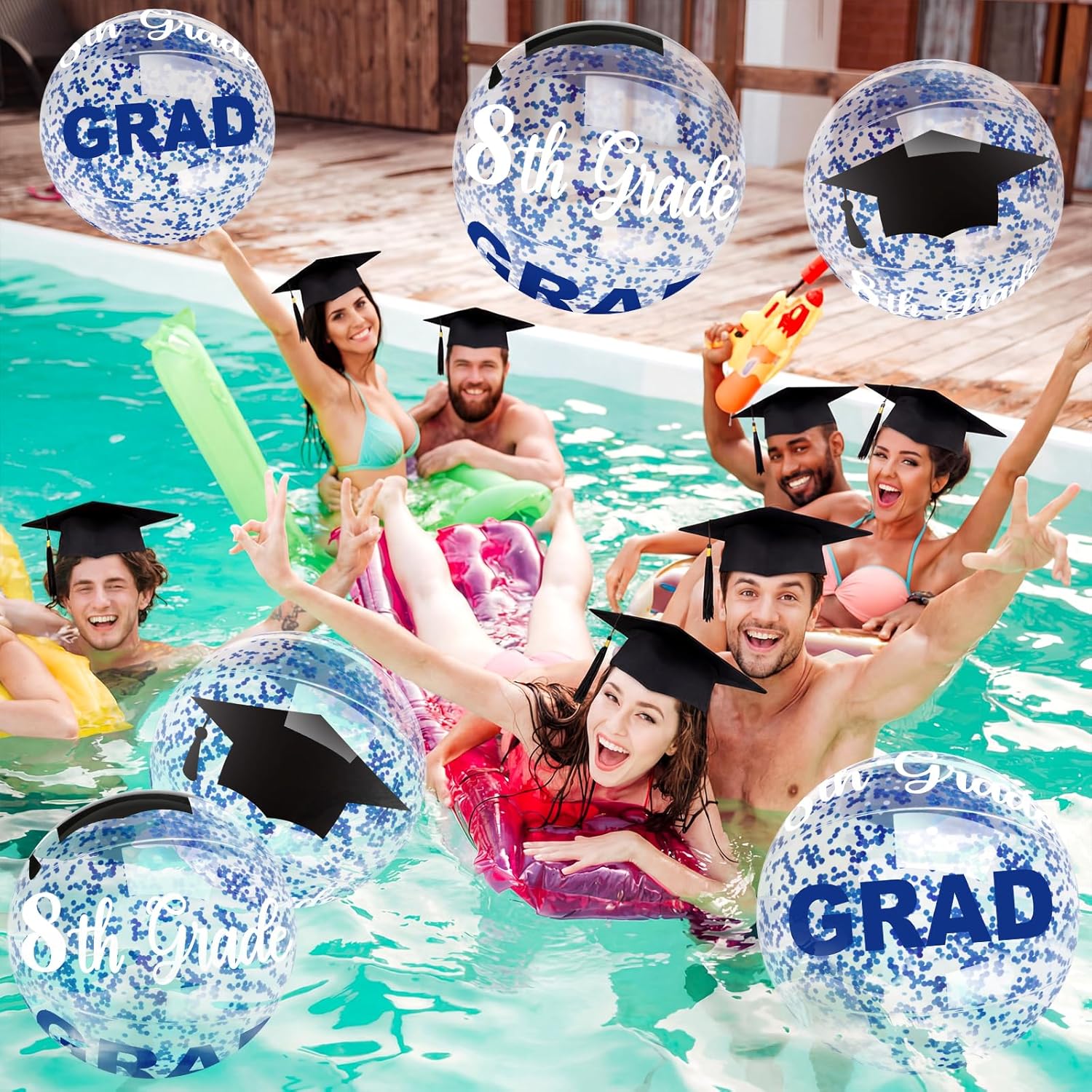12 Pcs 16 Inch Blue 8th Graduation Beach Balls Inflatable Grade Pool Floats 2026 Thick Glitter Giant Beach Ball Bulk for Eighth Grade Swimming Pool Graduation Party Supplies