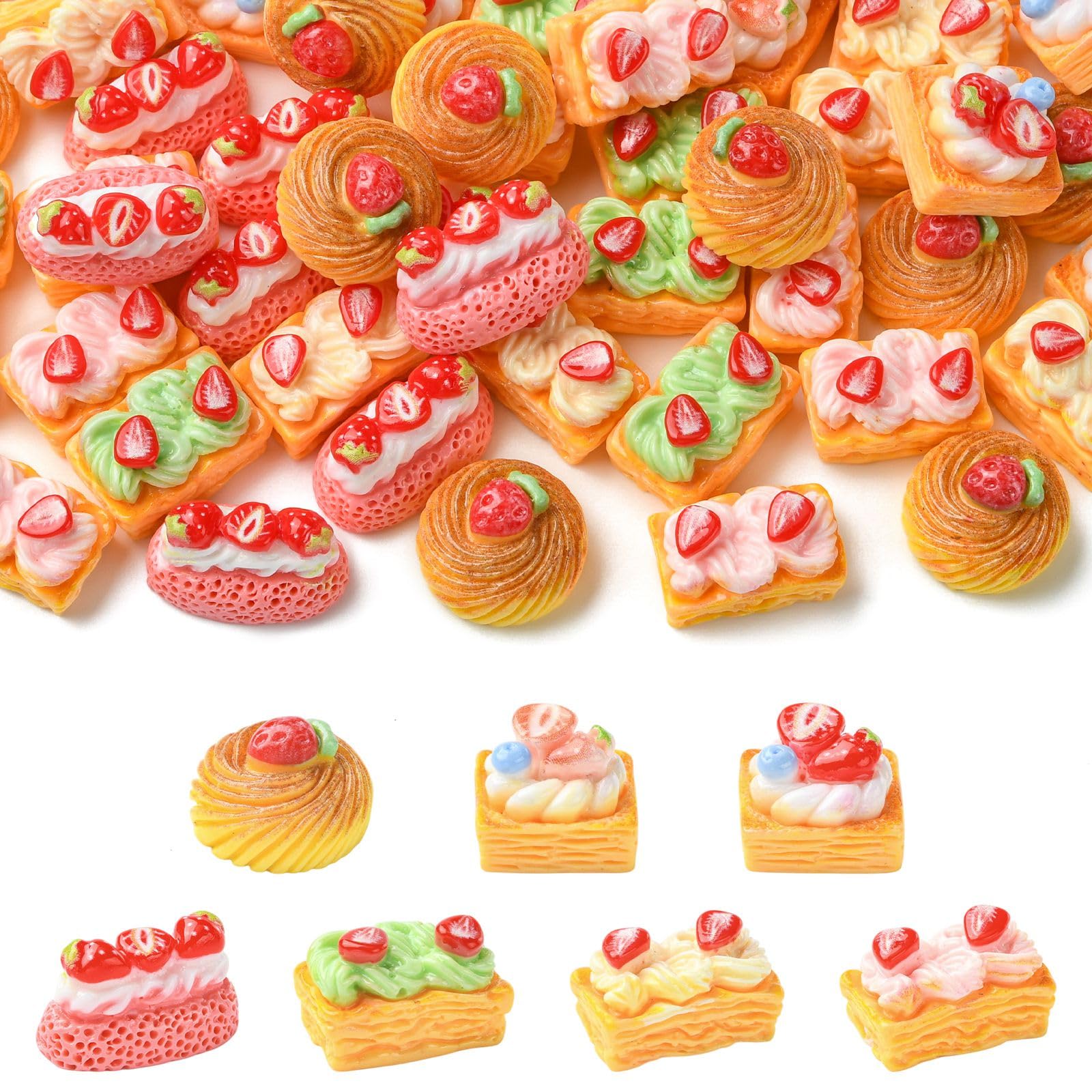 UR URLIFEHALL 70 Pcs 7 Styles Mini Bread Dollhouse Decoration Accessories 3D House Food Resin Figurines for Home Office Desk Tabletop Decorations