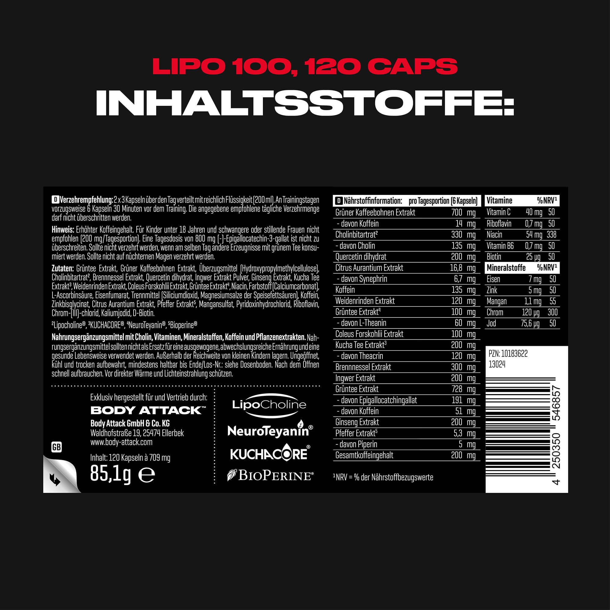 Body Attack LIPO 100-120 vegane Kapseln - Stoffwechsel Beschleunigen mit Lipocholine®, 200 mg Koffein, Ginseng & Grüner Tee Extrakt, Theacrin - Für Fatburner-Training & Diät - Made in Germany