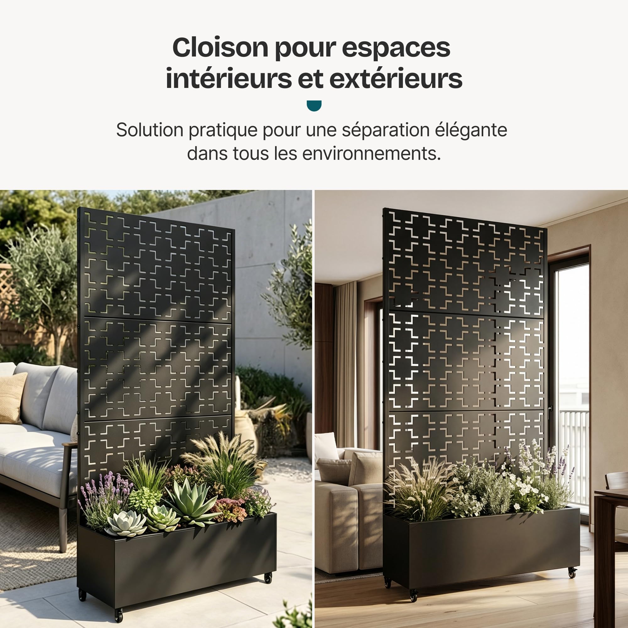 casa.pro Cloison de Séparation Aaskis 190 x 82 x 38 cm avec Bac à Fleurs Paravent Clôture avec Jardinière pour Extérieur Intérieur Jardin Terrasse Brise-Vue sur 4 roulettes Acier Galvanisé Noir