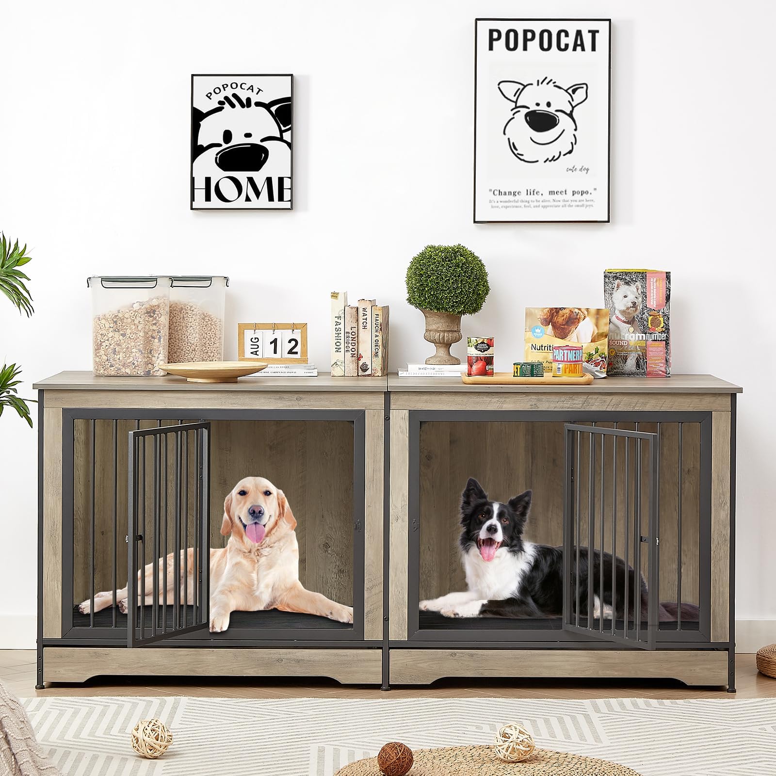 AGESISI Dog Crate Furniture for 2 Dogs, 76” Wooden Dog
