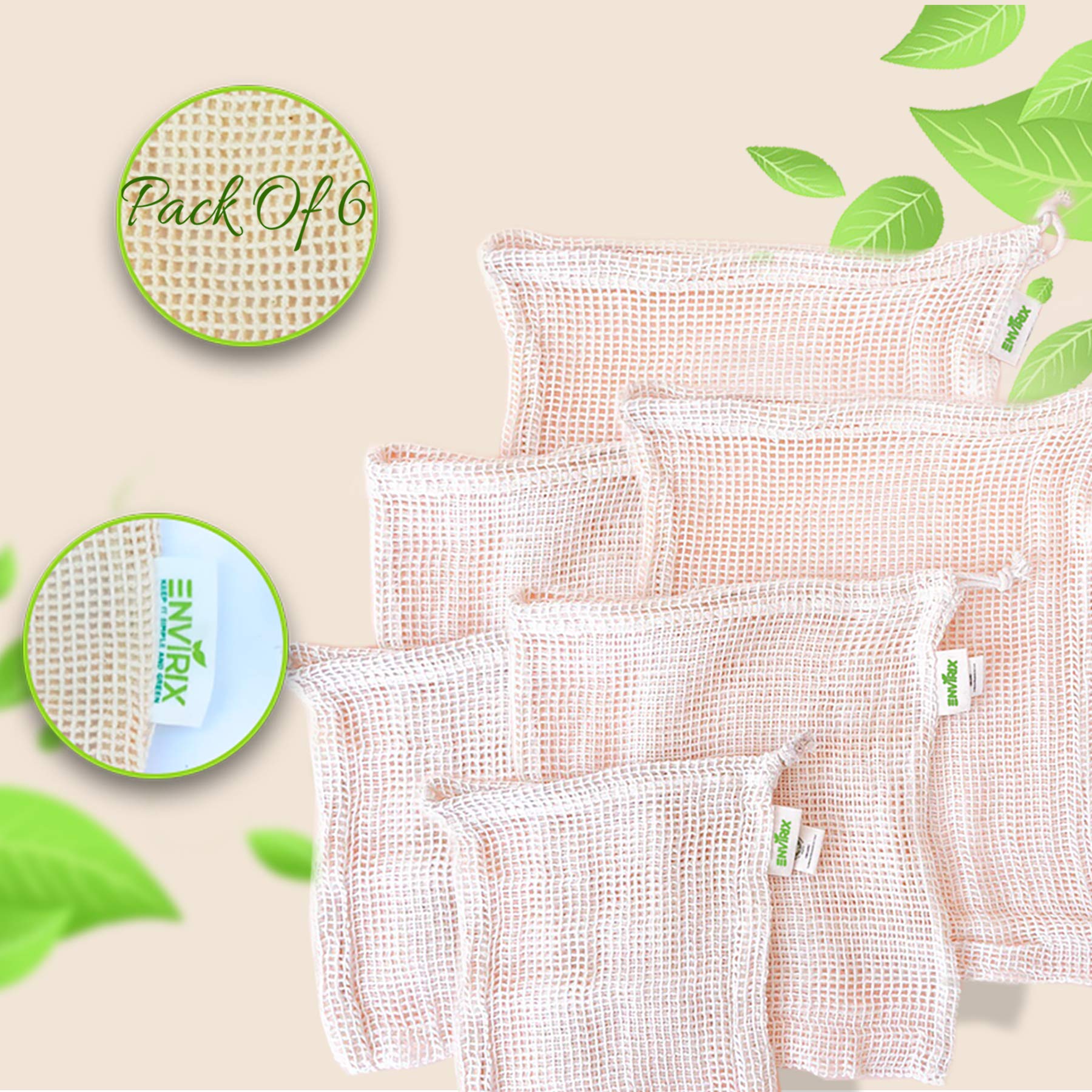 Envirix Organic Cotton Mesh Bags | Premium Quality Pack of 6 String Bags Shopping | Reusable Fruit and Vegetable Bags for Storage | Produce Potato and Onion Storage Bag | Zero Plastic Net Bags