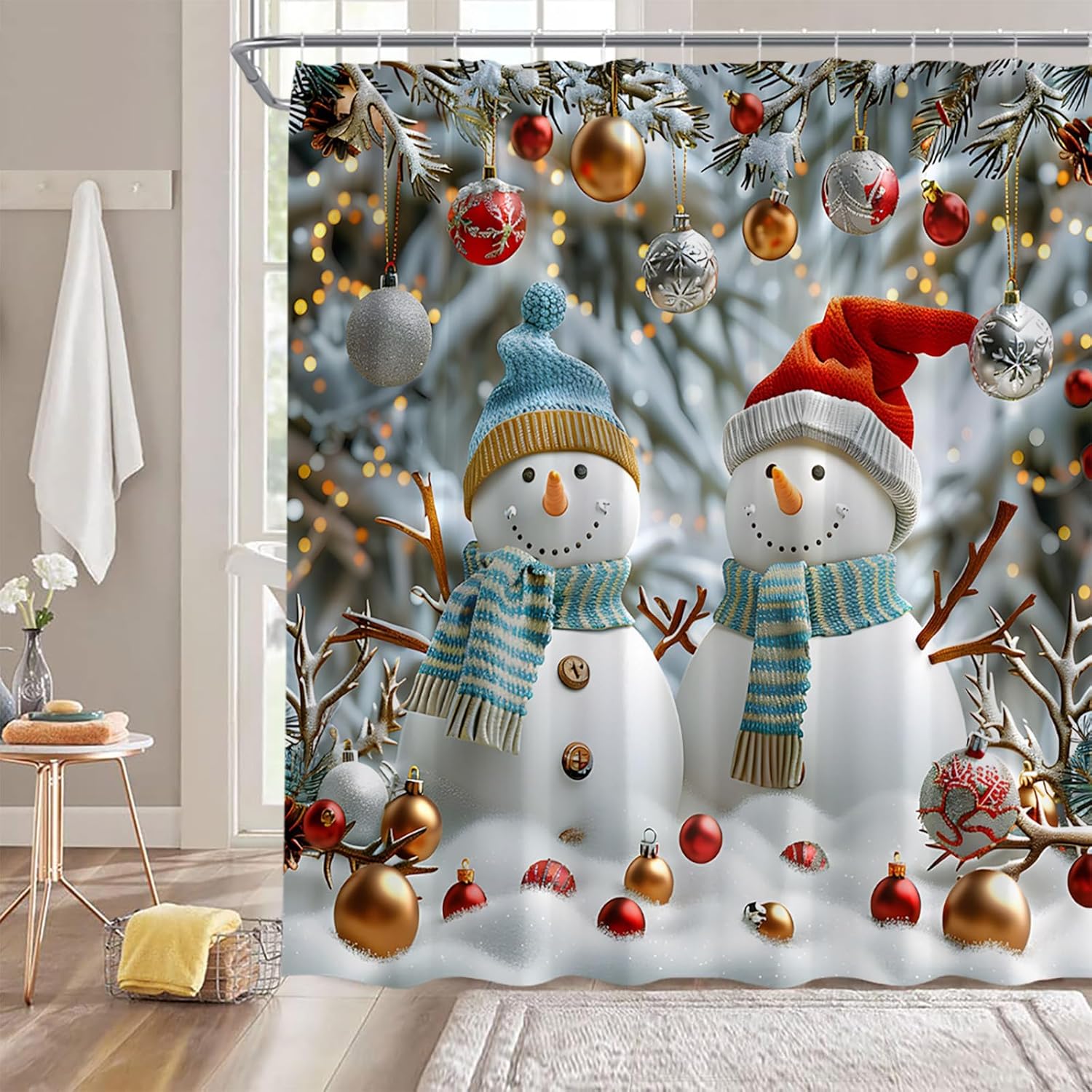 Christmas Snowman Shower Curtain Winter Holiday Cute Snowman Xmas Ball Pine Twig Forest Snowflake Funny Festival 70" WX96 H Bathroom Decor Fabric Curtain with Hooks
