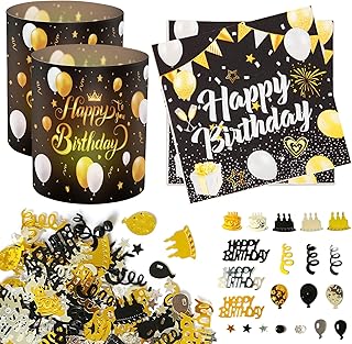 YOUYIKE Table Decoration Birthday, 20 Pieces Napkins Happy Birthday + 12 Pieces Lantern Table Decoration Birthday + 100 Pieces Black Gold Happy Birthday Confetti, Birthday Decoration Table Suitable Black gold