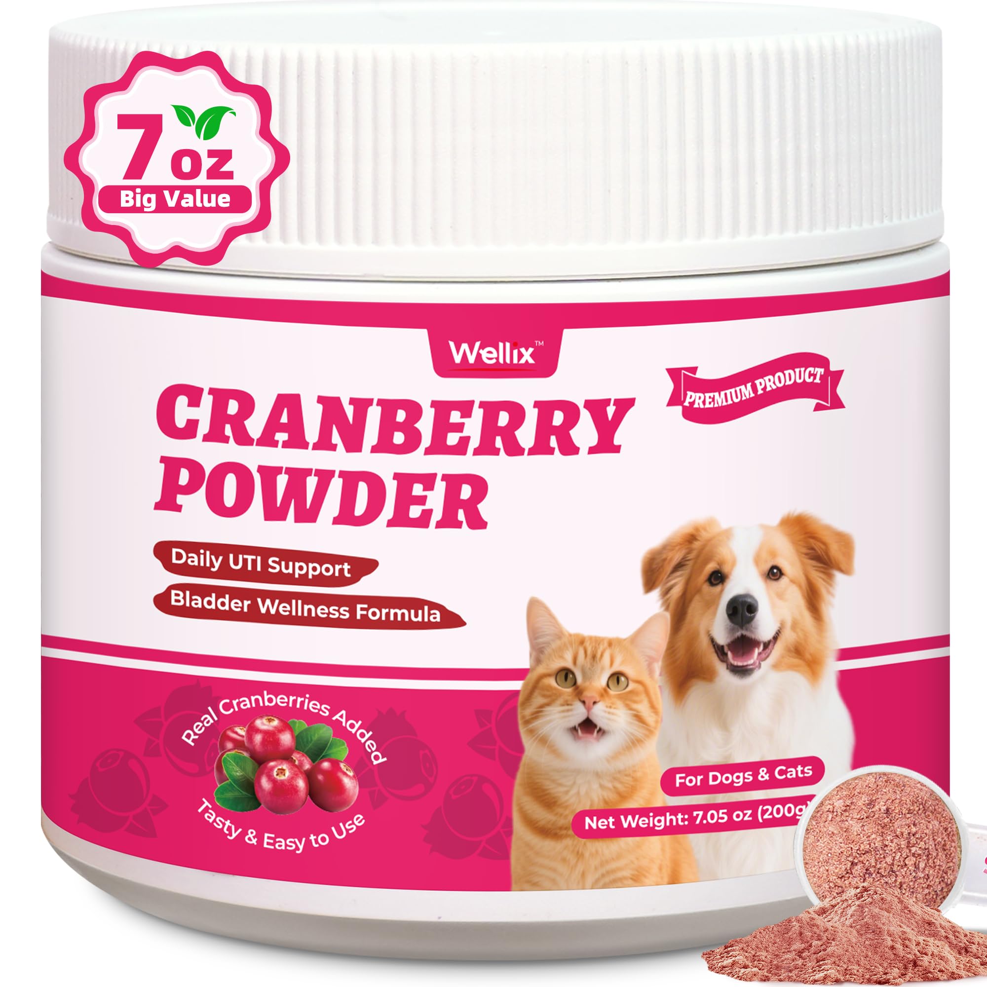 Wellix 7.05oz Cranberry Powder for Cats & Dogs - Kidney,Bladder,UTI for Cat Urinary Supplement - Rich in D-Mannose,Marshmallow Root,Blueberry,Cranberry Supplement for Dogs, Chicken Flavor
