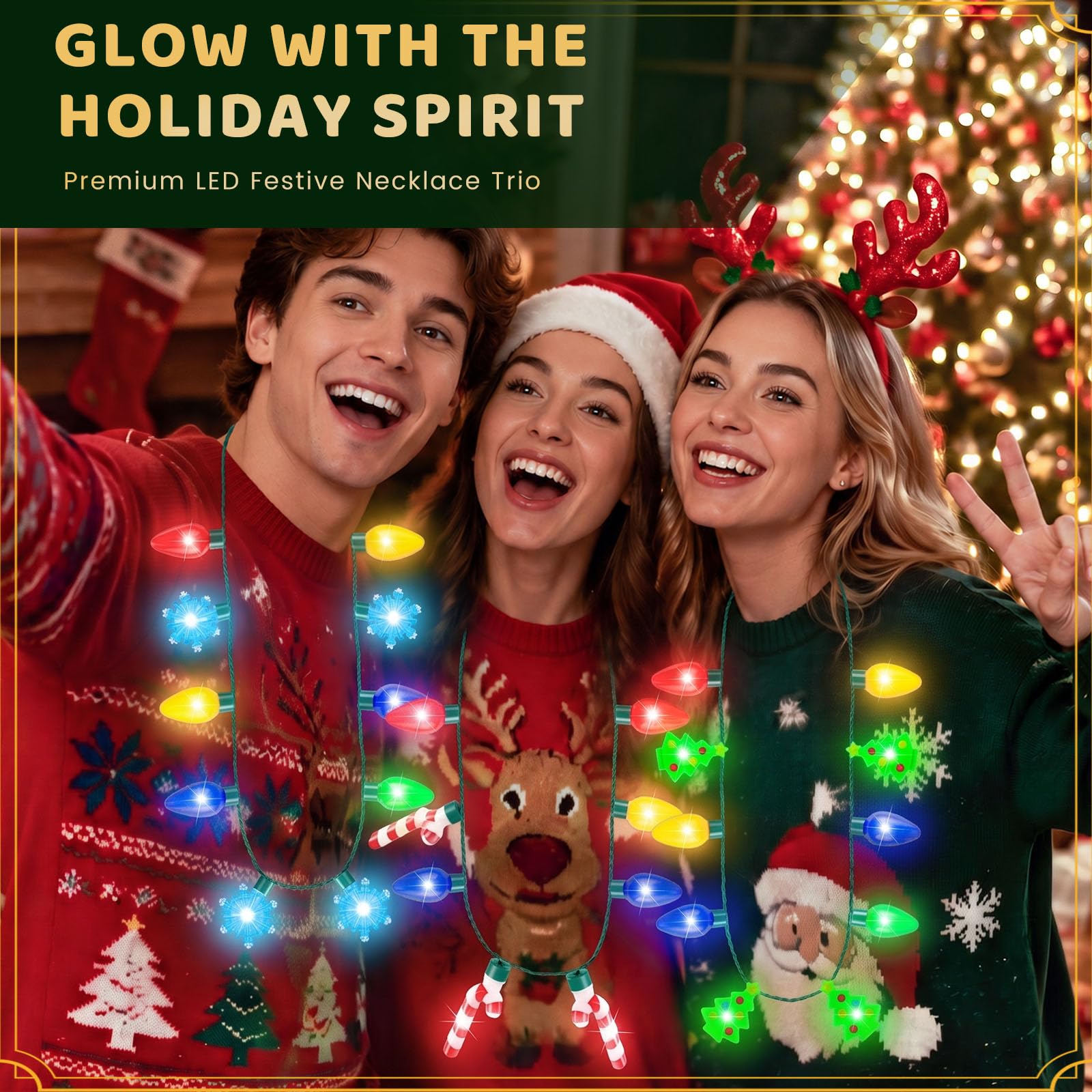 Lovestown 3PCS Christmas Light Up Necklaces, LED Holiday Party Necklaces
