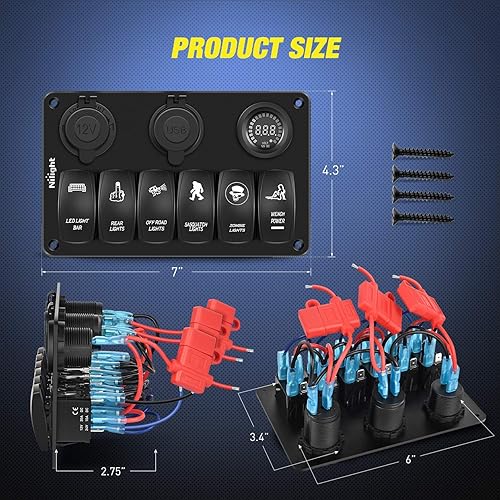 Miniatura 5 de Nilight - Panel de interruptor basculante de 6 bandas con grabado láser en aluminio, barra de luz LED con encendedor de cigarrillos y cargador USB