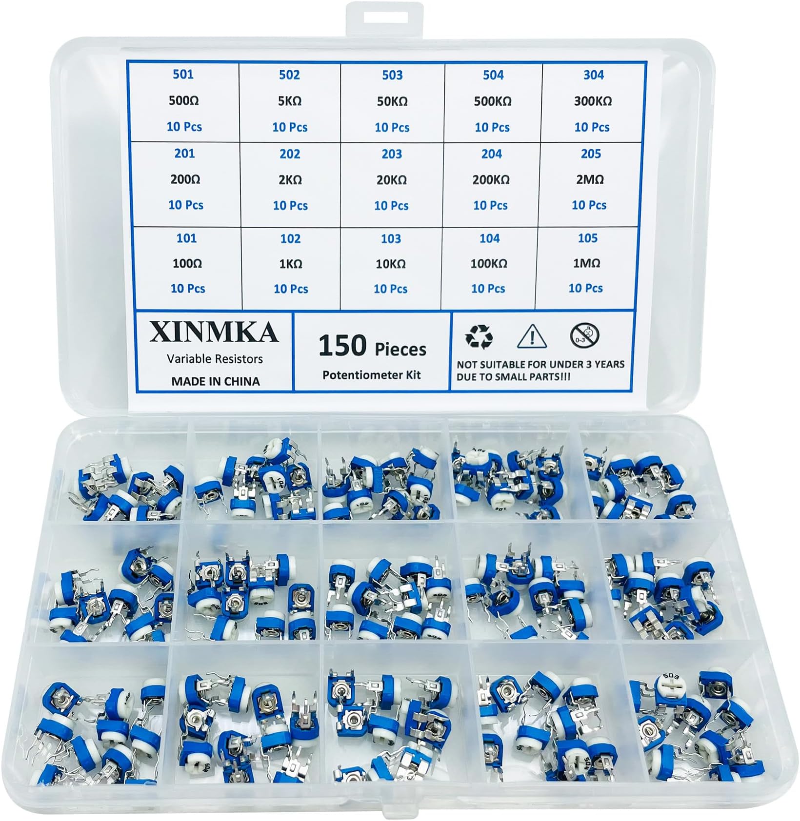 150Pcs 6mm Potentiometer Assortment Kit – 15 Values 100 Ohm - 2M Ohm Adjustable Variable Resistor Assortment Kit for Electronics, DIY Projects, and Circuit Design