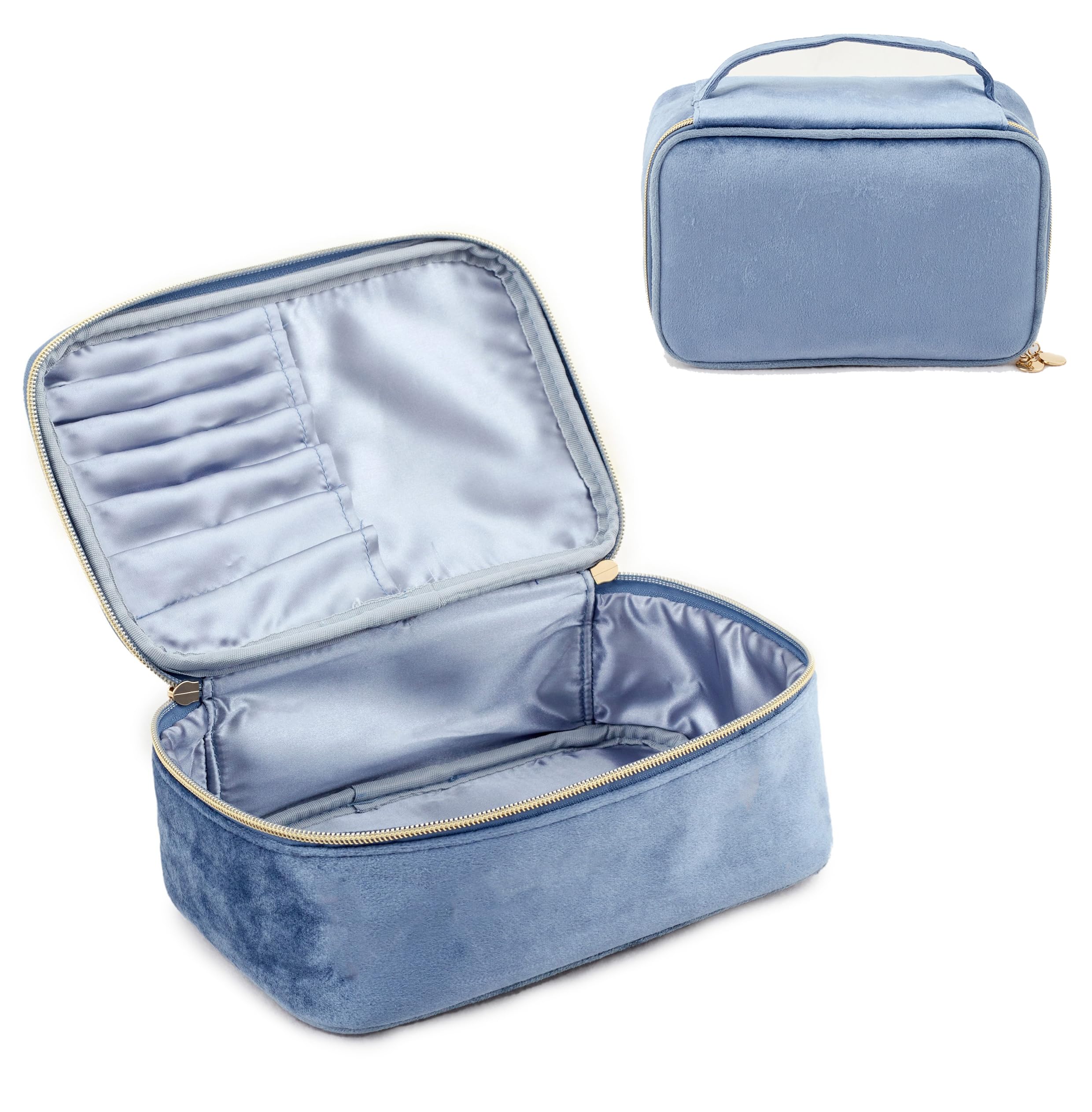 KOPY Velvet Makeup Bag for Women, Large and Classy Makeup Organizer, Make Up Travel Toiletry Bag Portable With Handle, (Sky Blue)