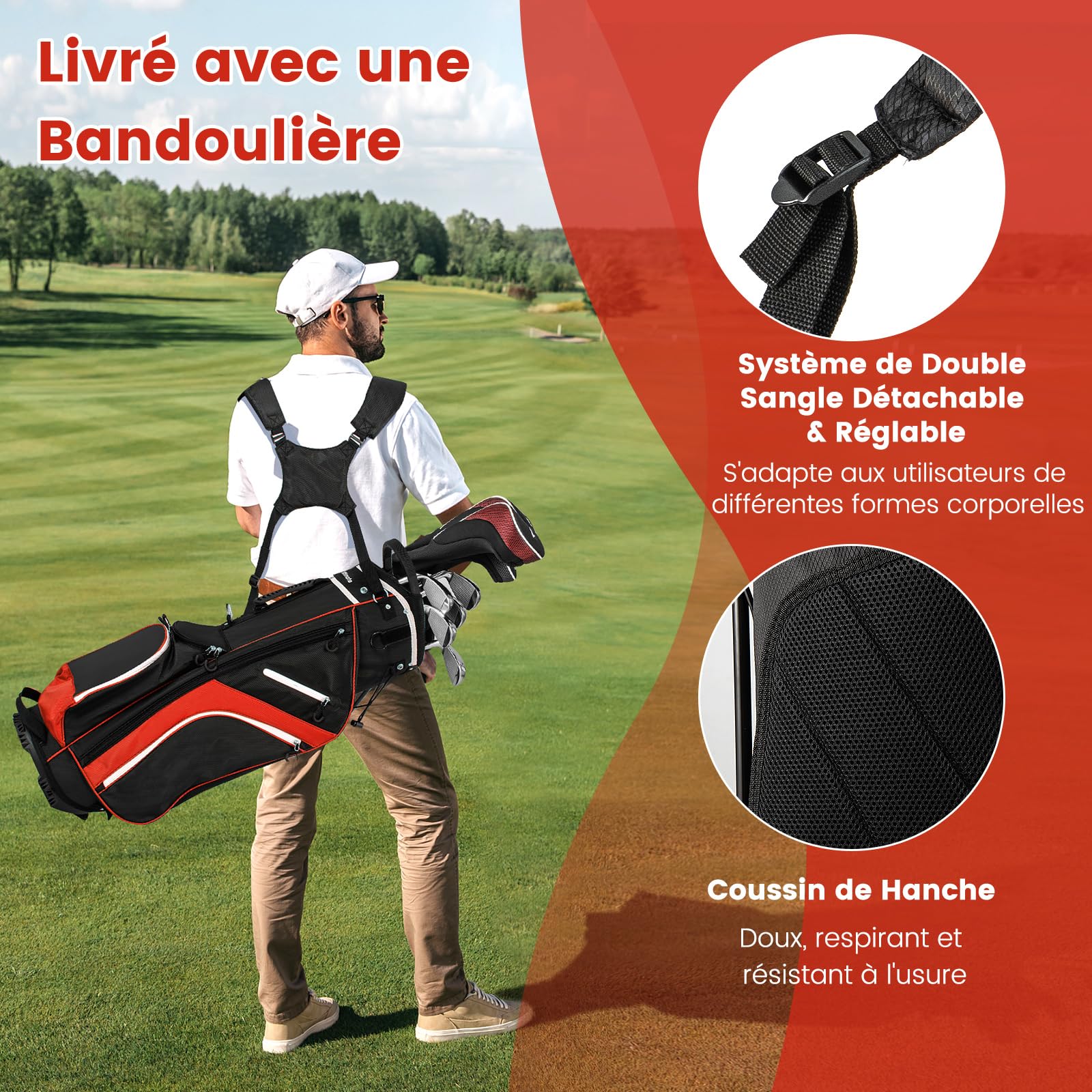 COSTWAY Sac de Golf avec 14 Compartiments Séparés, Sac de Club de Golf Portable avec 6 Poches Zippées Comprenant Sac Isotherme Capuche Anti-Pluie Double Sangle, Sac Léger