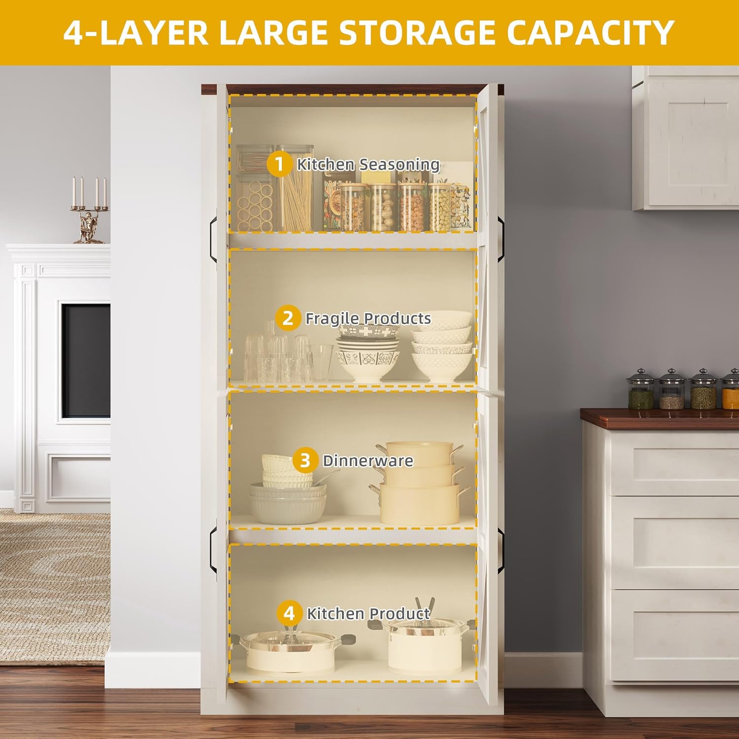 DWVO 66" Storage Cabinet, Tall Bookshelf Display Cabinet, 4 Shelves Curio Cabinet with Tempered Glass Doors, Trophy Display Case for Living Room and Dinning Room, White