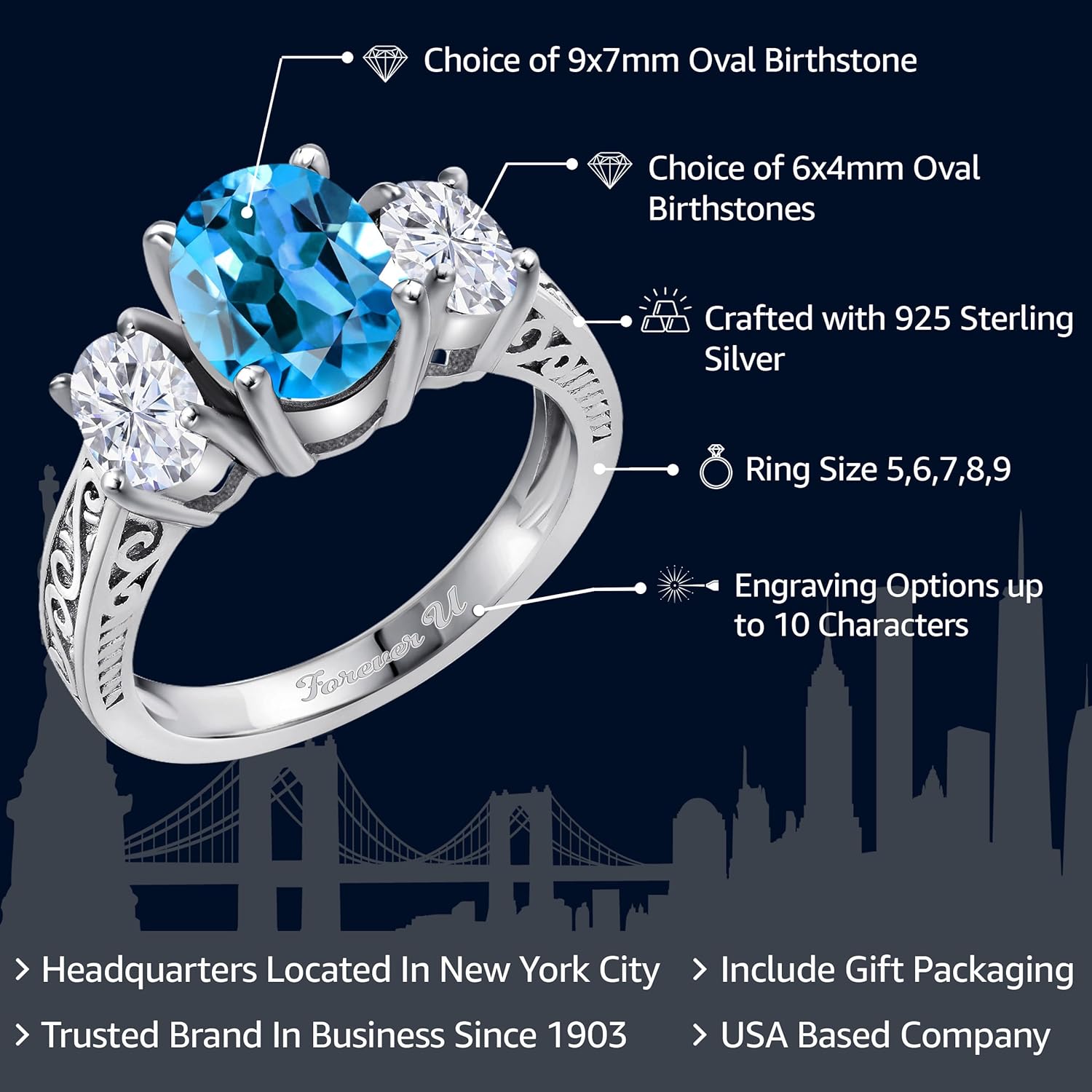 Gem Stone King Customized Personalized Engraved 3-Stone Ring For Women | 925 Sterling Silver | Gemstone Birthstone | 3 Stone Wedding Engagement Anniversary Promise Ring For Women