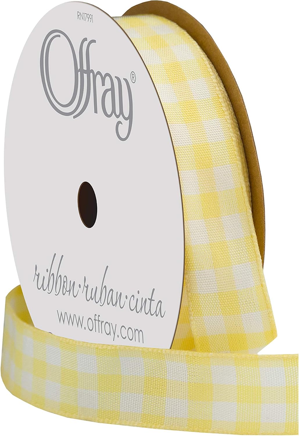 Offray 5/8" Wide Rustic Taffeta Gingham Ribbon, 3 Yards, Yellow and White Plaid Pattern