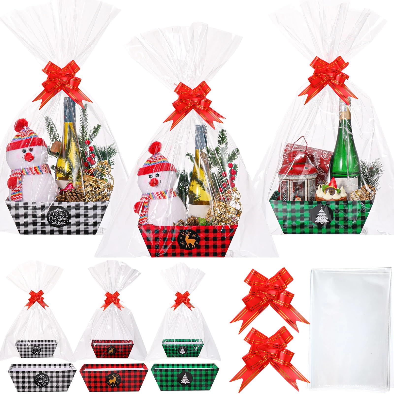Pasimy 12 Set Large Christmas Baskets for Gifts Empty Xmas Gift Baskets with Bags Bows Holiday Cardboard Box Trays with Handles for Xmas Holiday