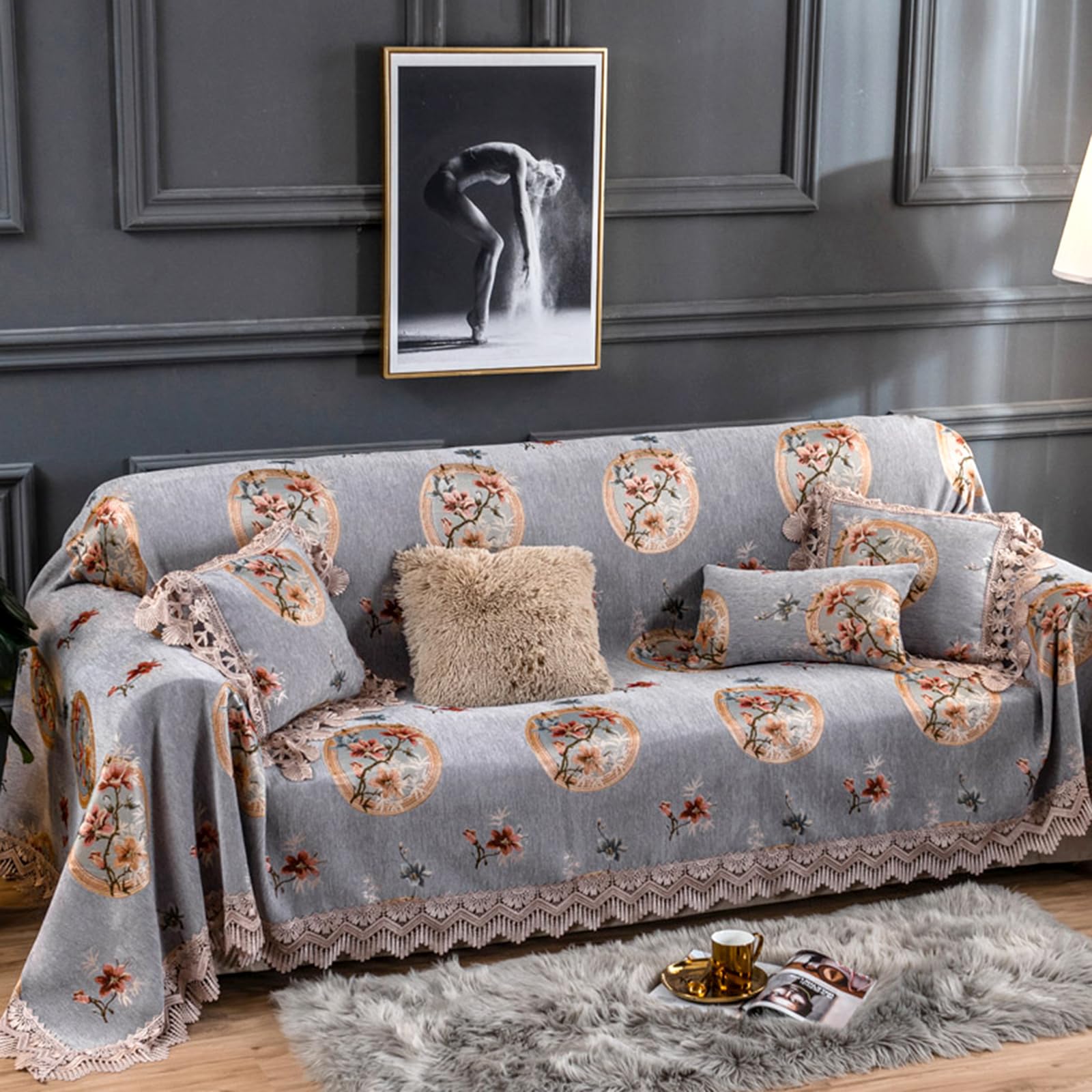 ZCXRYFL Retro Sofa Covers 1 2 3 4 Chenille Throws For L/U Shaped Corner Sofas Large Rebel Cat Anti-Scratch Sofa Slipcovers Multifunction Universal Blanket For Camping Beach Bed(180X300cm,Grey)