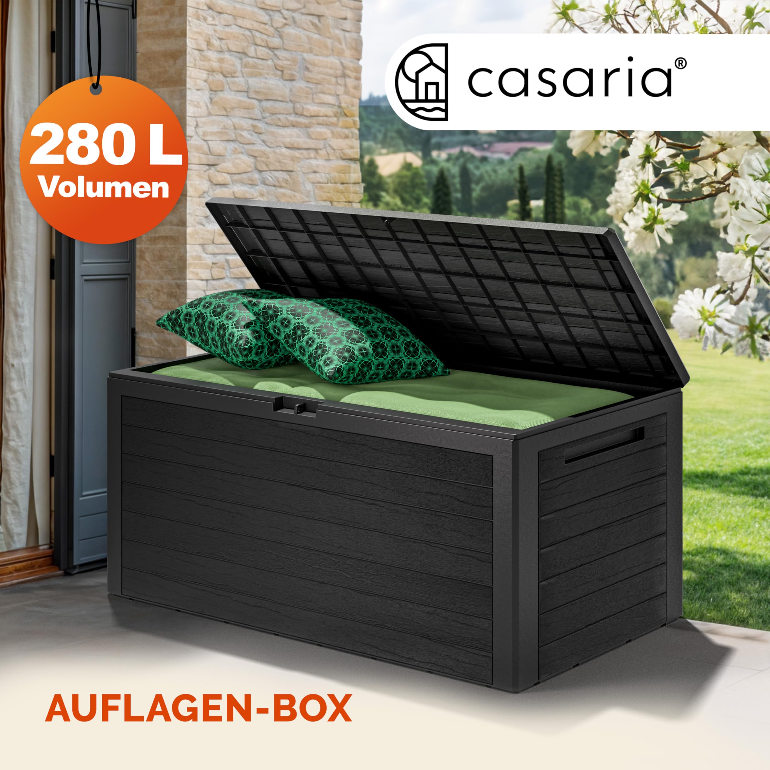 Casaria® Gartenbox 280L UV-beständig Griffmulden Verschlussvorrichtung Balkon Terrasse Wohnzimmer Wintergarten Kissenbox 116x43cm Holz-Optik Anthrazit