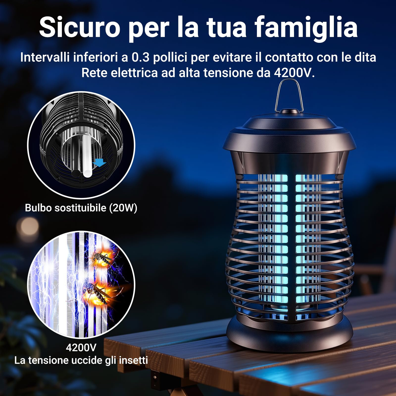 Lampada Antizanzare Elettrica, 4200V 20W UV Lampada Zanzare Elettrico, Impermeabile IPX6 360° Acchiappa Zanzare Elettrico, Uccidi Trappola Insetticida Zanzare per Interno Esterno con 1 Spazzole Pulite