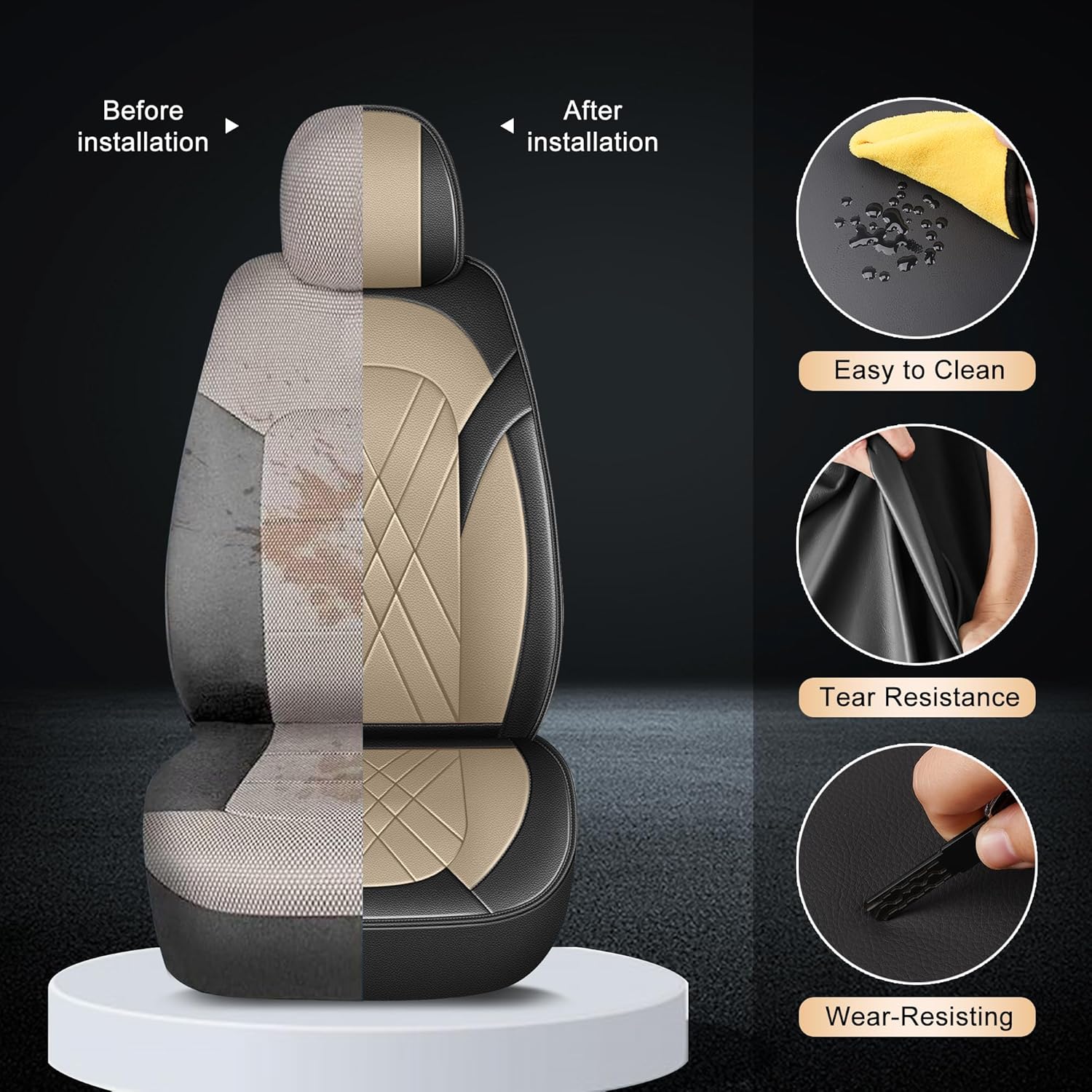 YORKNEIC Full Set Car Seat Covers for Subaru Outback 2007-2025 2026 Faux Leather Seat Covers Waterproof Automotive Car Protector with Airbag Compatible(5-Seat Set, Black&Beige)