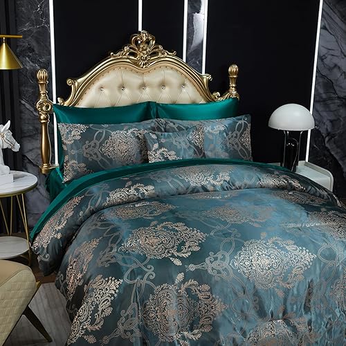 Vista 7 de Juego de edredón de jacquard verde, juego de sábanas, elegante juego de ropa de cama de 8 piezas bordado, diseño floral neoclásico, decoración