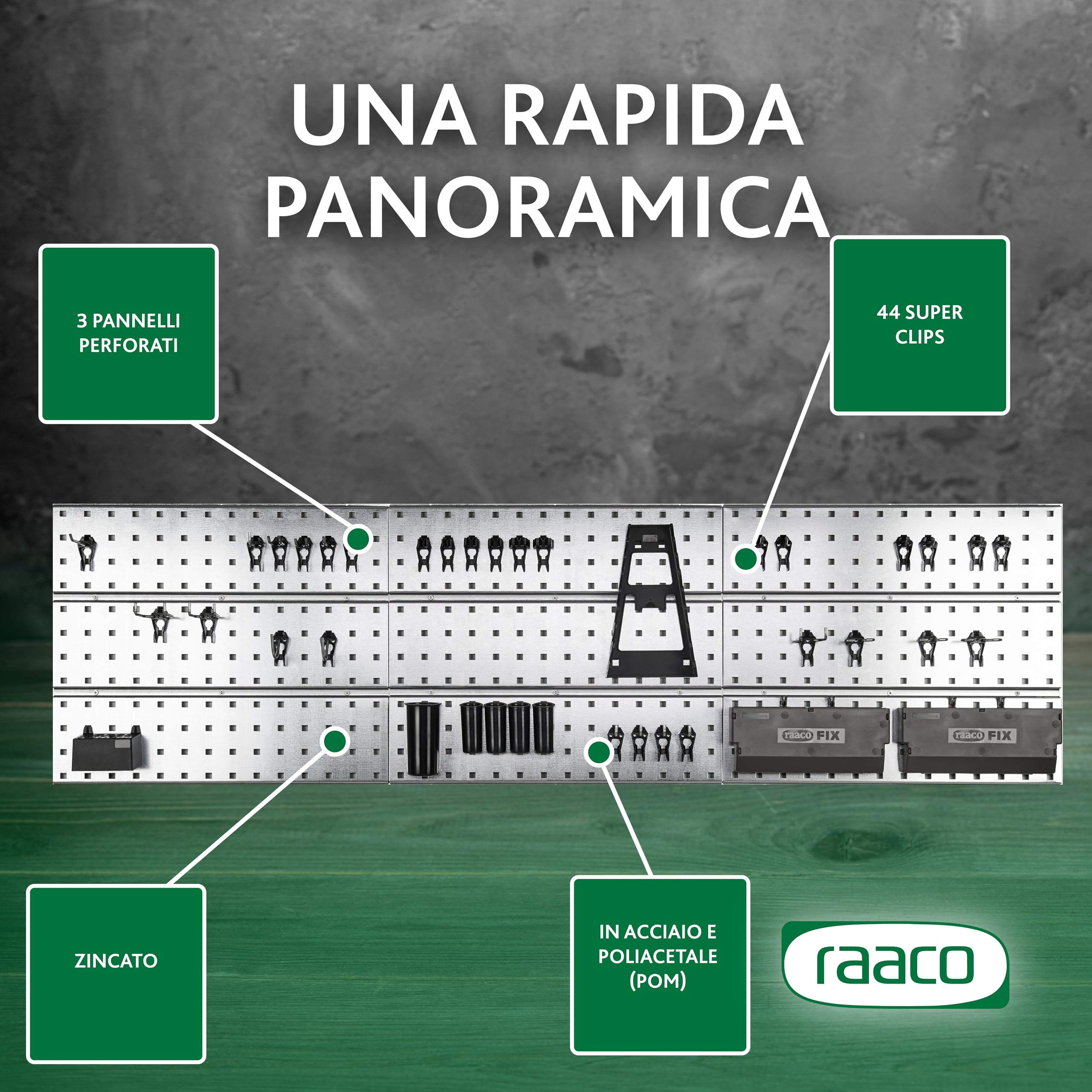 Raaco 3 TWP Set - Parete attrezzata officina in acciaio zincato con 44 SuperClips, pannello forato portautensili 156 x 44 cm, capacità di carico di 225 kg, pannello porta attrezzi da parete