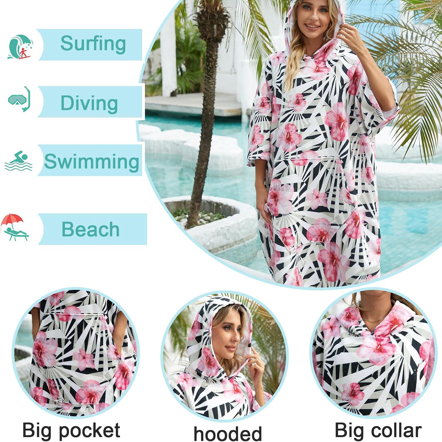 Surf Poncho Hooded Towel for Adults Quick Dry Beach Changing Robe with Pockets, Unisex Swim Cover-Up, Flower Bath Towel for Surfers & Swimmer Gifts - Image 2