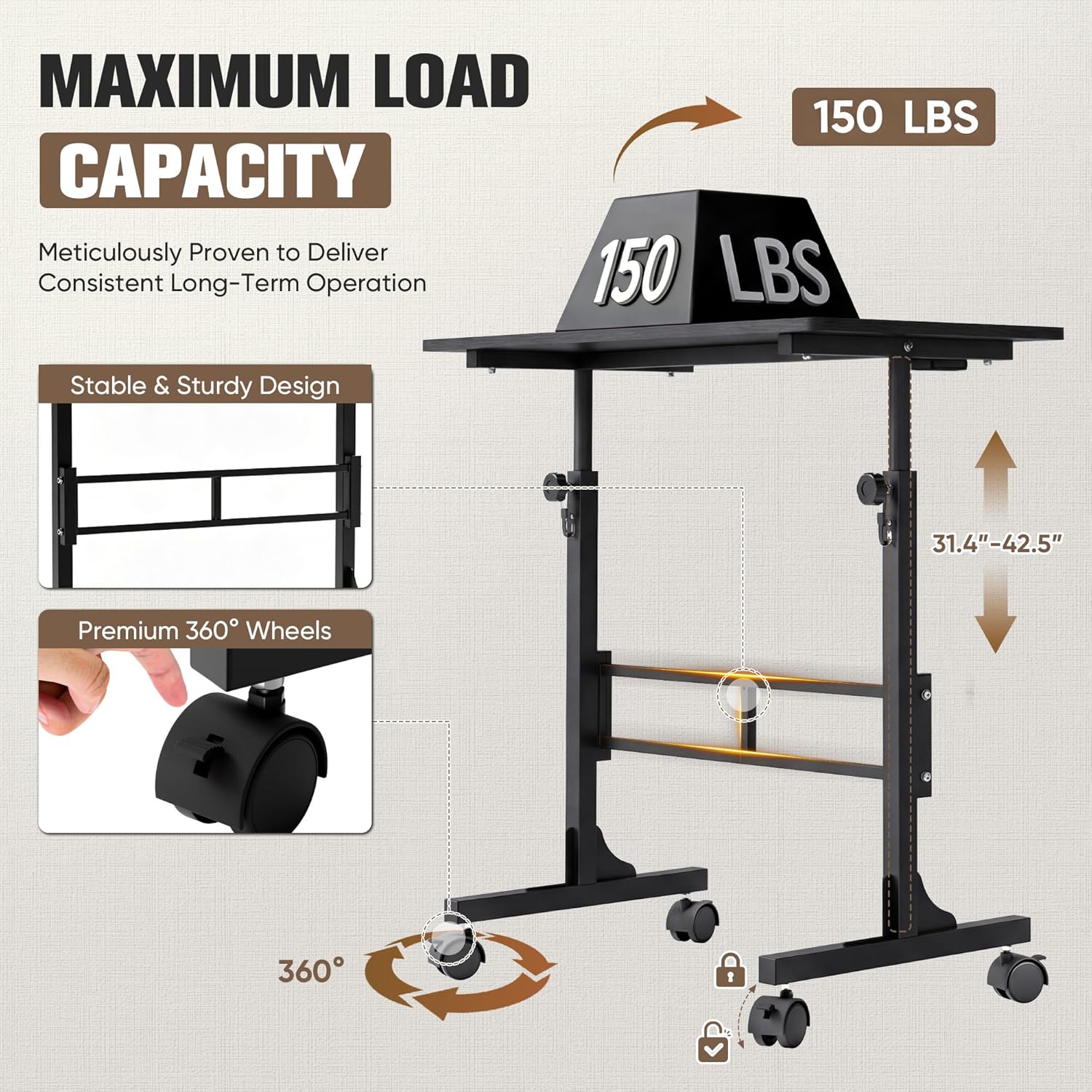 Furmax Small Portable Standing Desk Adjustable Height, Mobile Stand Laptop Computer Workstation with Lockable Wheels for Walking Pad Treadmill (Black)