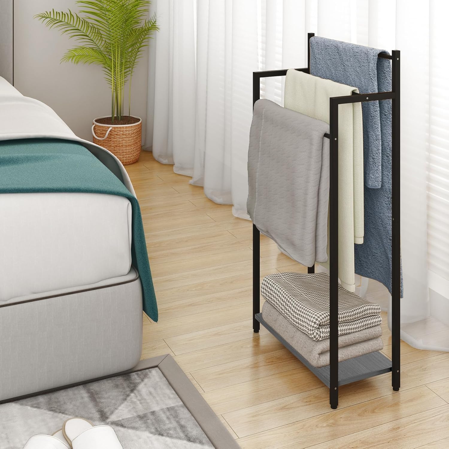 Freestanding Towel Rack, 3 Tier Blanket Ladder Stand with Oak Grey Wooden Shelf for Bathroom Living Room (31.5”H x 16.9”W x7.9”D)