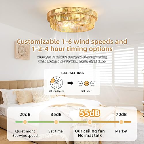 Miniatura 5 de Ventilador de techo bohemio de ratán con montaje empotrado, ventiladores de techo enjaulados de 20 pulgadas con luz y control remoto, perfil bajo