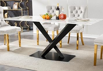 70" Marble Dining Table for 6-8, Modern White Silver Dining Room Table with 0.71" Faux Marble Top&American-Style Stainless Steel Legs, Rectangle Kitchen Dinner Table for Kitchen Dining Room