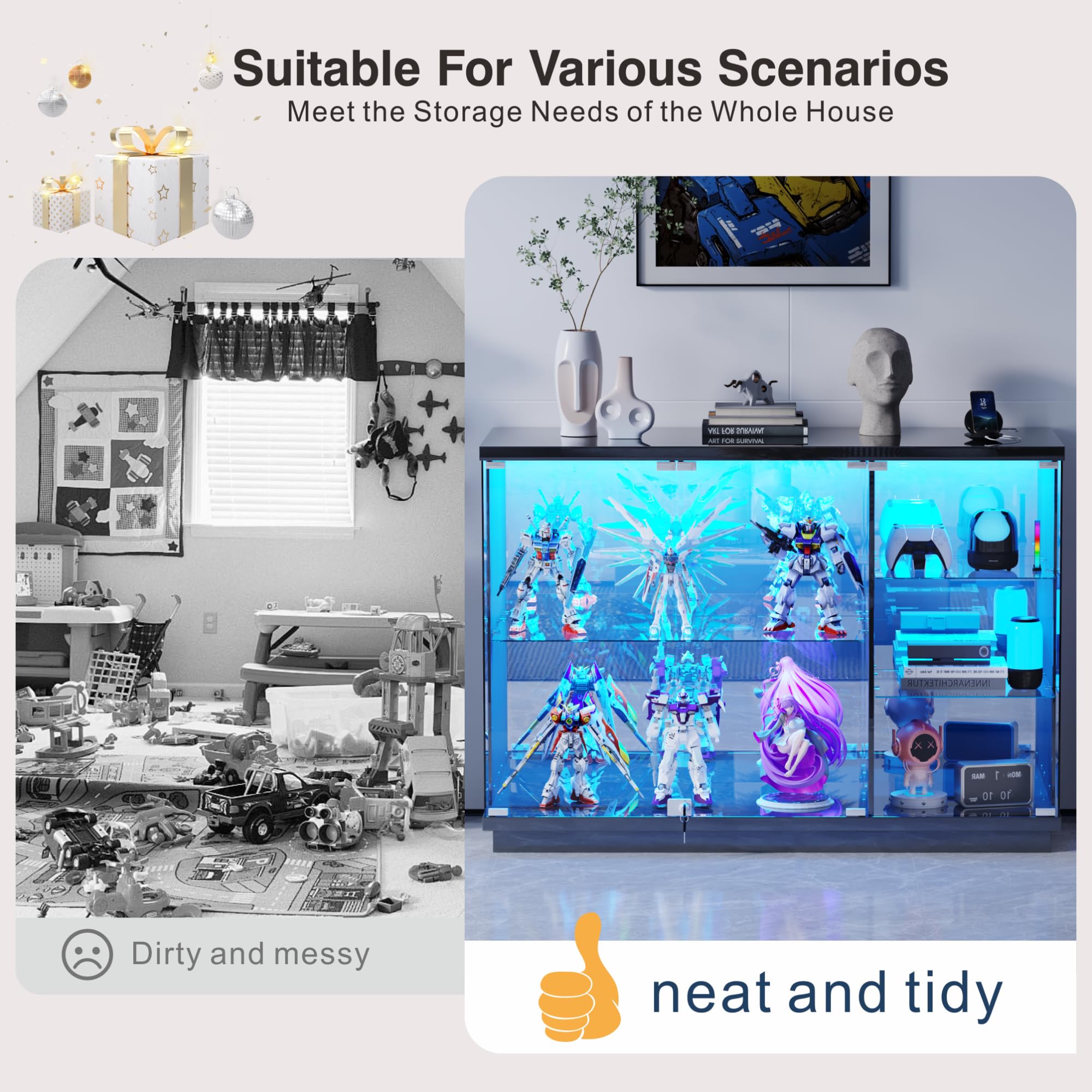 Lvifur Glasvitrine LED Beleuchtung und Glastüren,Glas Vitrinenschrank,Display Cabinet mit Intelligente Sensorik,3-Lagen Holz Vitrine Staubdicht für Wohnzimmer Schlafzimmer Büro,Schwarz