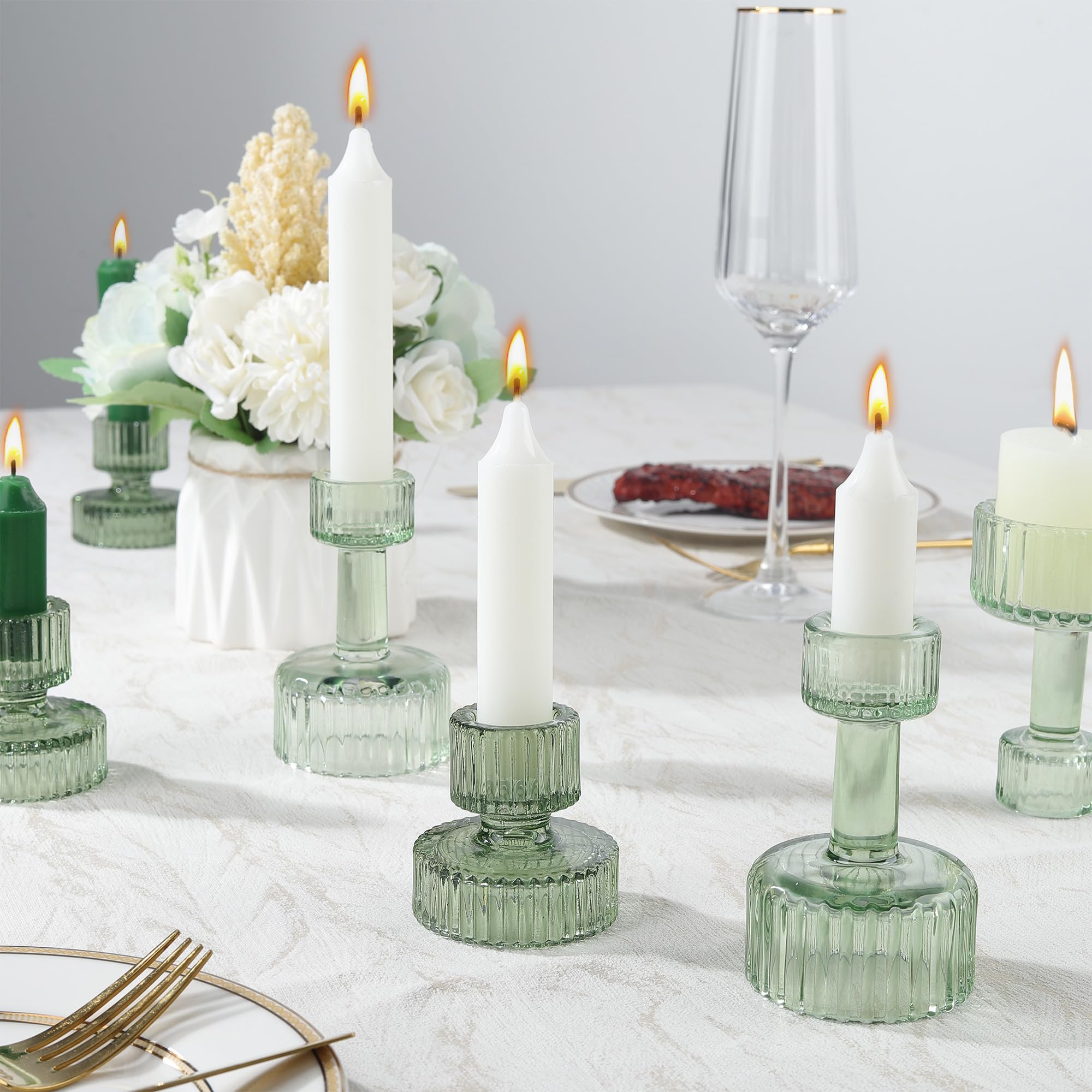 Joeyan Portavelas de Cristal Verde,Juego de 6 Portavelas Cónicos Acanalados para Velas de Té,Candelabro para Centros de Mesa, Bodas, Fiestas y Decoración del Hogar, Moderno Candle Holder, Idea Regalo