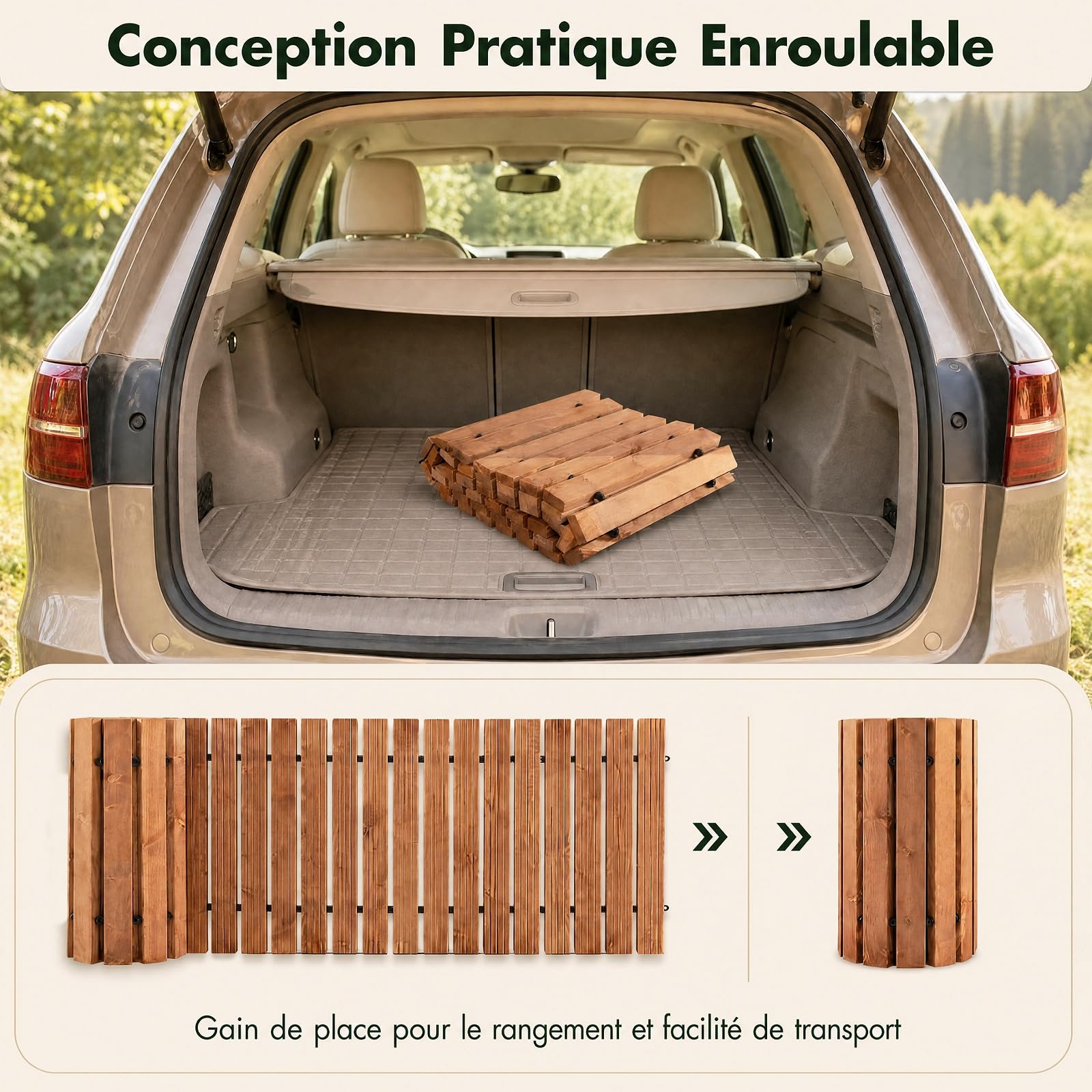 GYMAX Chemin de Jardin en Bois de Sapin Enroulable, 245 x 55 cm | Allée de Jardin avec Surface Antidérapante, Design Portable Compact, Décorative pour Plage Terrasse Pelouse et Cour