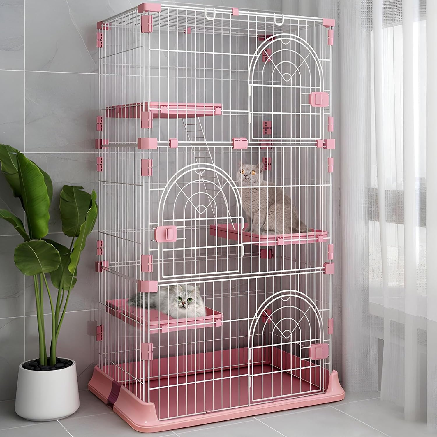 Hamiledyi 4-Tier Cat Cage Indoor Large Cat Enclosure with 1 Ramp Ladders 3 Platforms 3 Doors Metal Cat Playpen Outdoor Kitten Cage for 1-3 Small and Medium Pets (Pink)