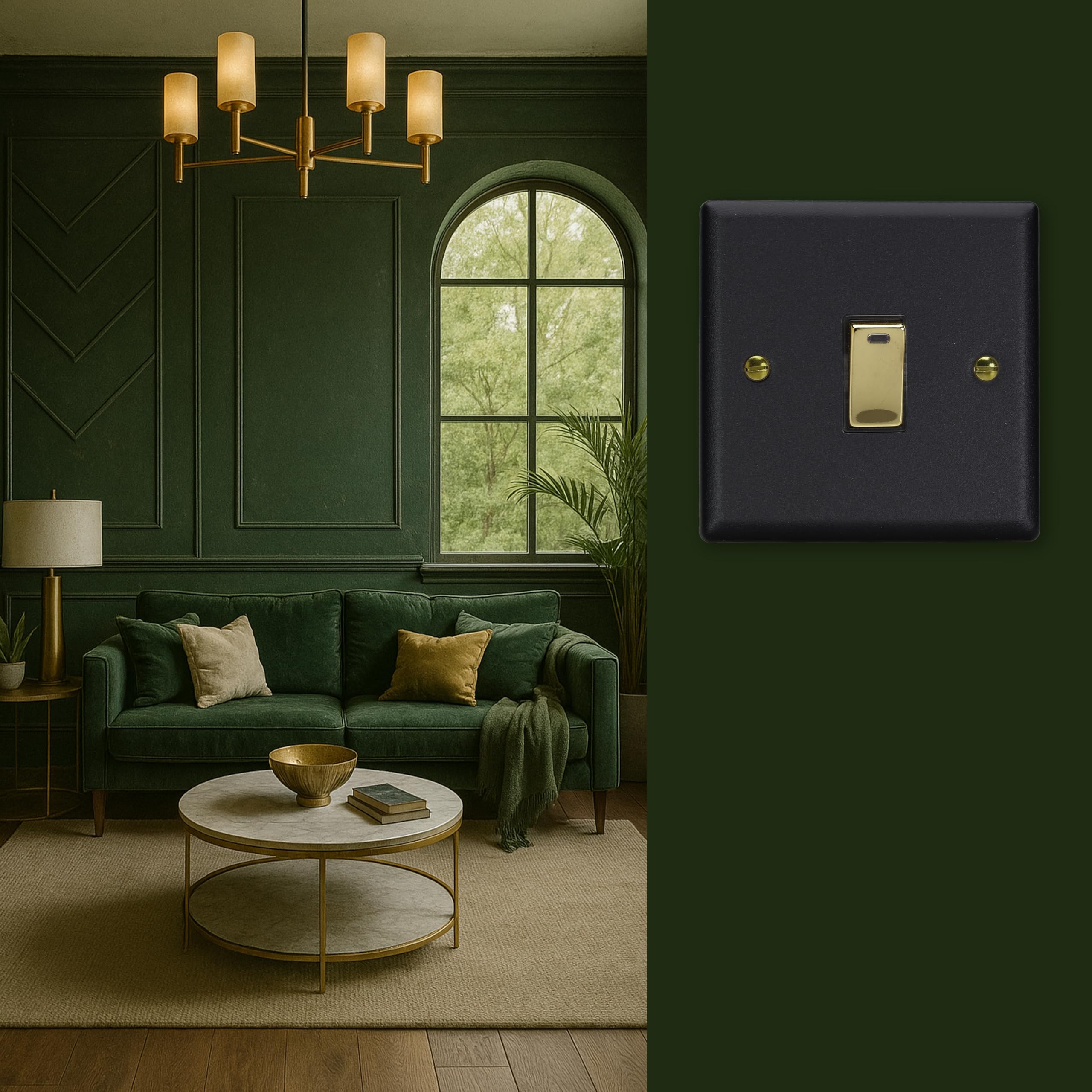 Varilight Single 20A Double Pole Switch With Neon - Vogue Matt Black With Polished Brass Rocker, XY20NV.MB - Image 2