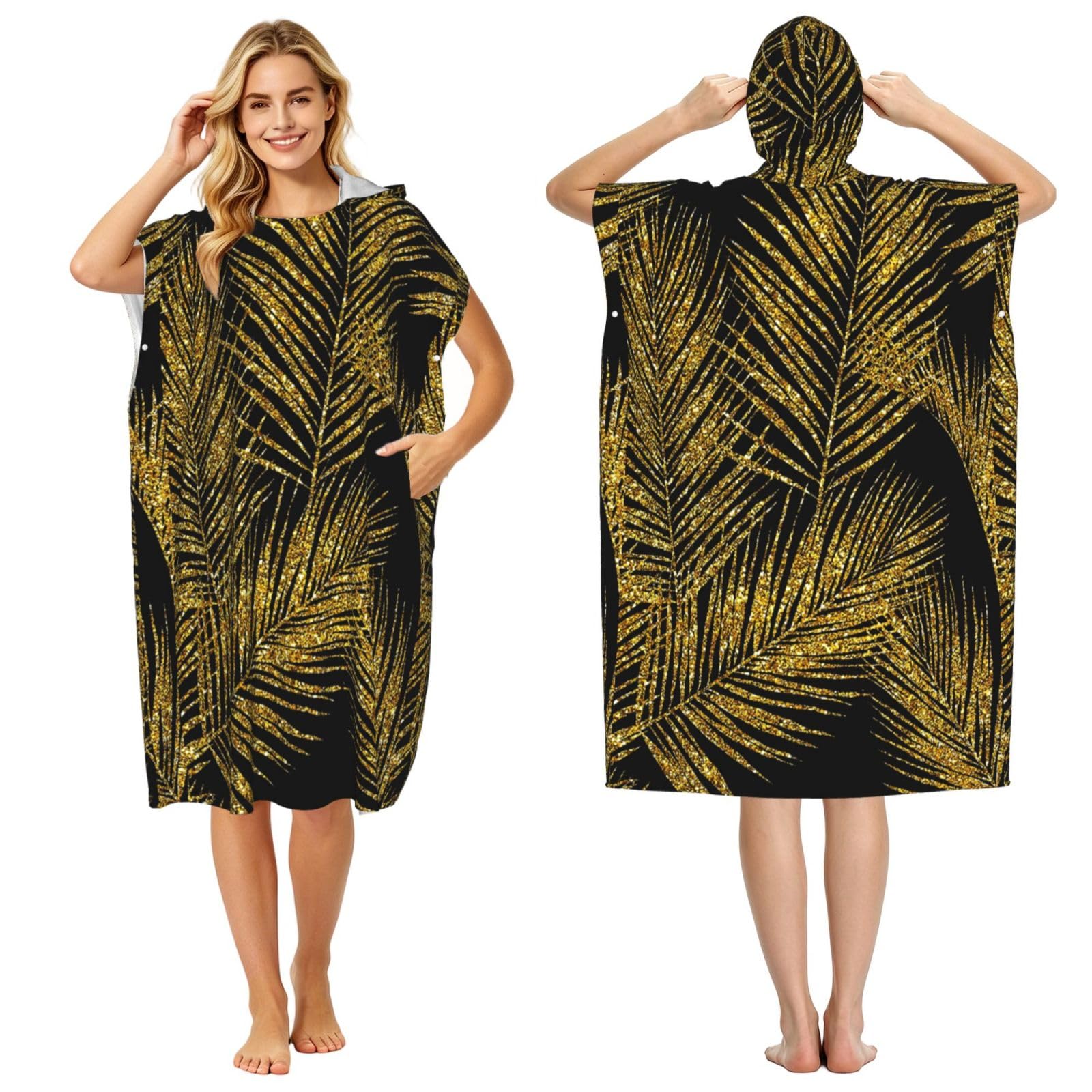 Poadnly Gold Glitter Palm Leaves, Adult Hooded Beach Towel 90 x 110 cm,Changing Bath Robe, Surf Poncho Towel For Women Men