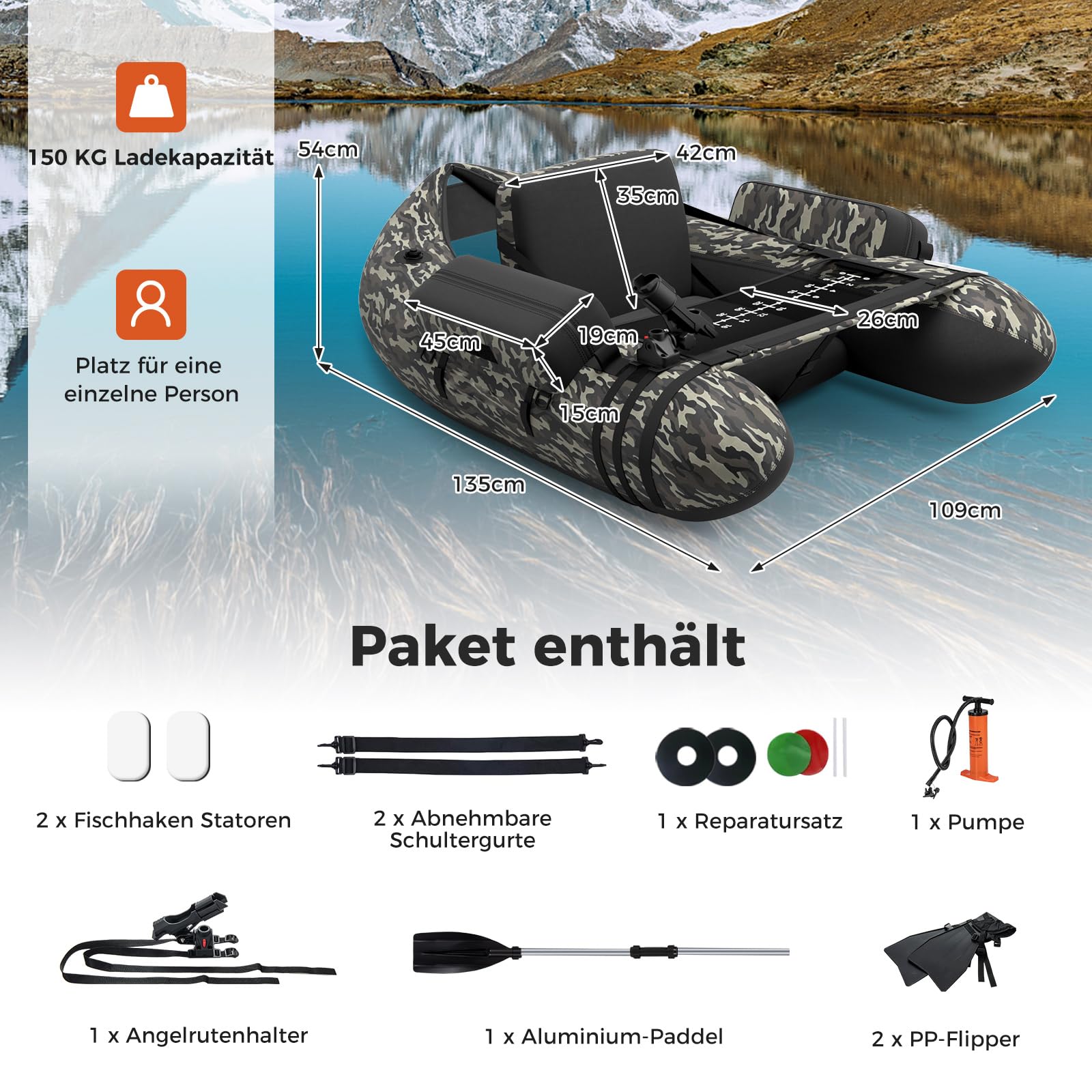 COSTWAY Aufbelasbares Schlauchboot, Angelboot mit Verstellbarer Rückenlehne, Fischerboot mit Pumpe, Paddel, Gurte, Bellyboat Paddelboot für Erwachsene, 150 kg Belastbar, 135 x 109 x 54cm