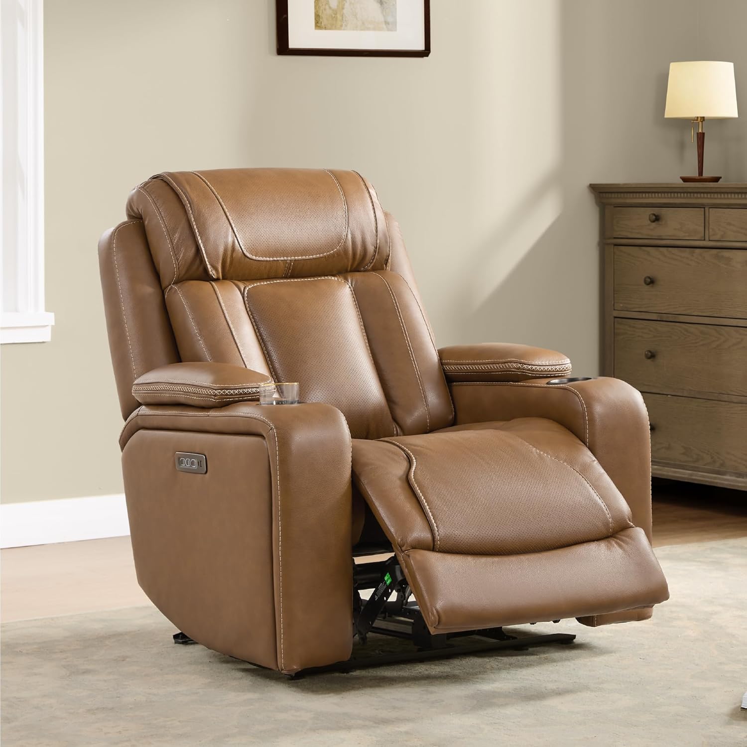 Watson & Whitely Genuine Leather Electric Recliner Chairs, Super Zero Gravity Recliner Triple-Motor W Adjustable Lumbar Headrest Support & Hidden Storage, Saddle Brown