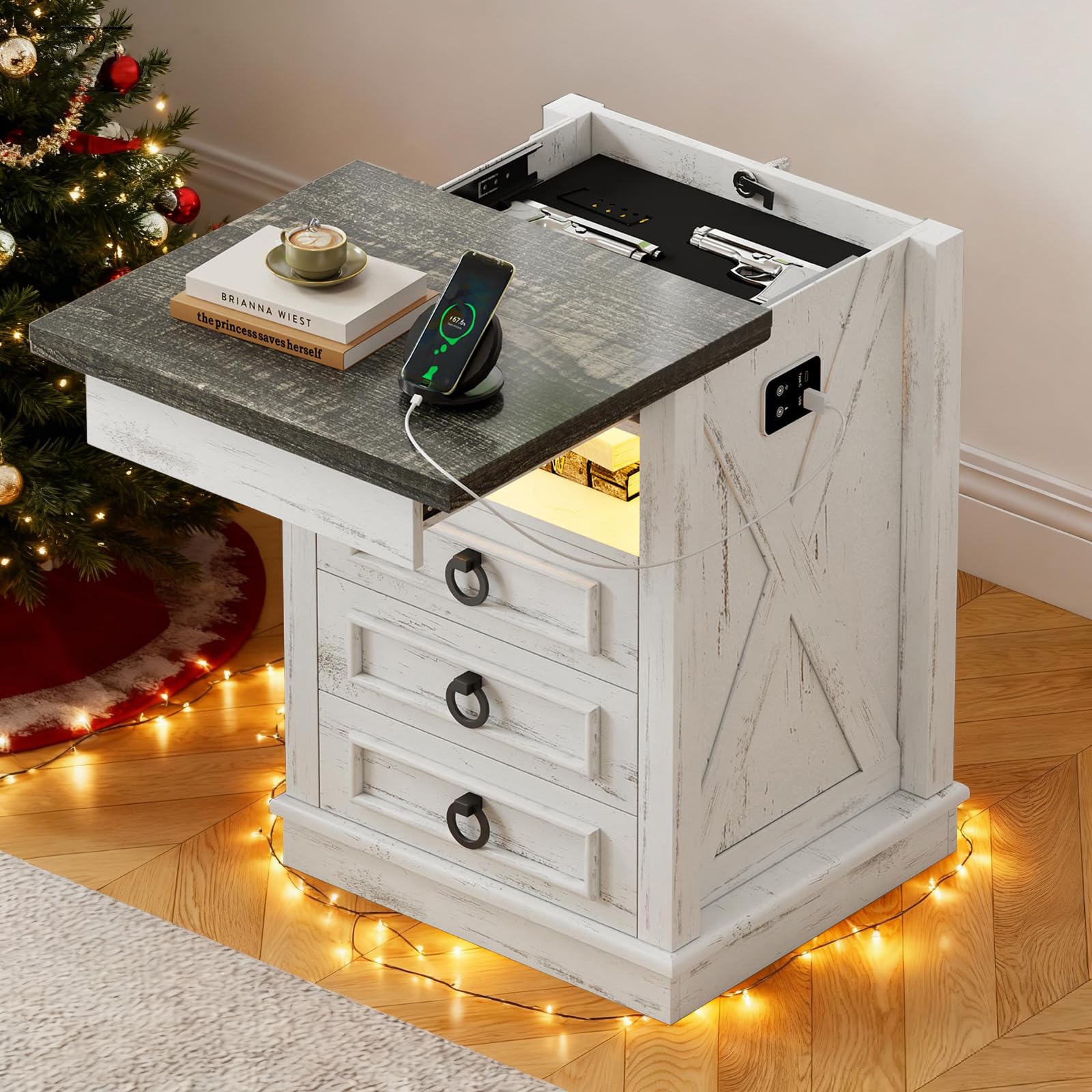 HNEBC Smart Night Stand with Gun Drawer,LED Nightstand with Charging Sation,Bedside Table with 3 Color Lights,End Table with Glass Desktop,3 Drawers,Bedroom,White