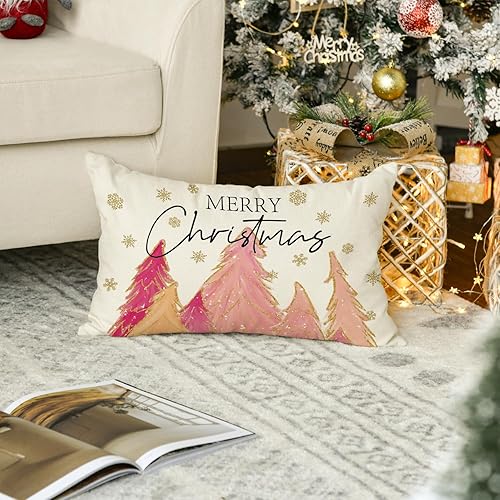 Miniatura 5 de AVOIN colorlife Funda de almohada rosa para árbol de Navidad 12 x 20 pulgadas decoración de funda de cojín de Navidad rosa para sofá