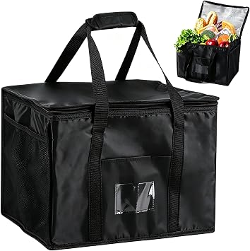 21L 40L Insulated Reusable Grocery Shopping Bags, Black Food Delivery Cooler Bag for Groceries, Thermal Bags for Cold Hot, Collapsible Heavy Duty Food Warmer Tote Bag for Camping Picnic