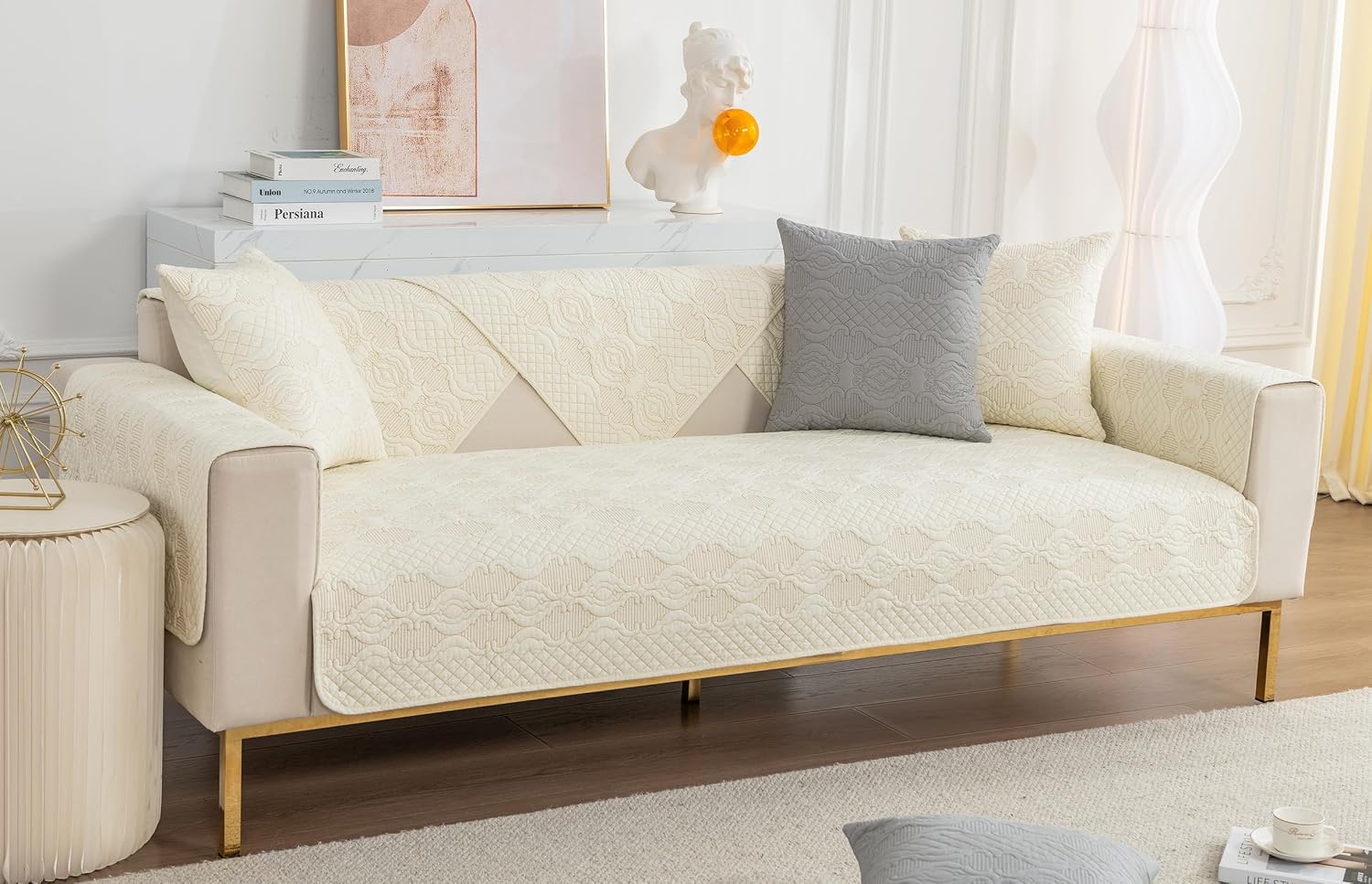 Modern Cotton Embroidery Sofa Cover Soft Farmhouse Seat Cushion Cover Quilted Sectional Couch Cover Anti-Slip Sofa Slipcovers Washable Furniture Protector for Dogs Cats Kids (Beige,28"x94")