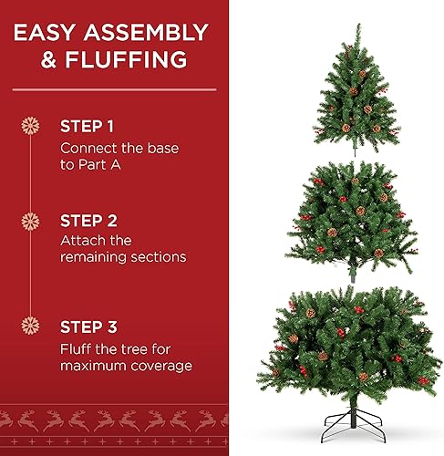 Miniatura 10 de Best Choice Products Árbol de Navidad artificial de abeto preiluminado de 4.5 pies con bisagras con 398 puntas, 22 piñas, 22 bayas, 150 luces, base