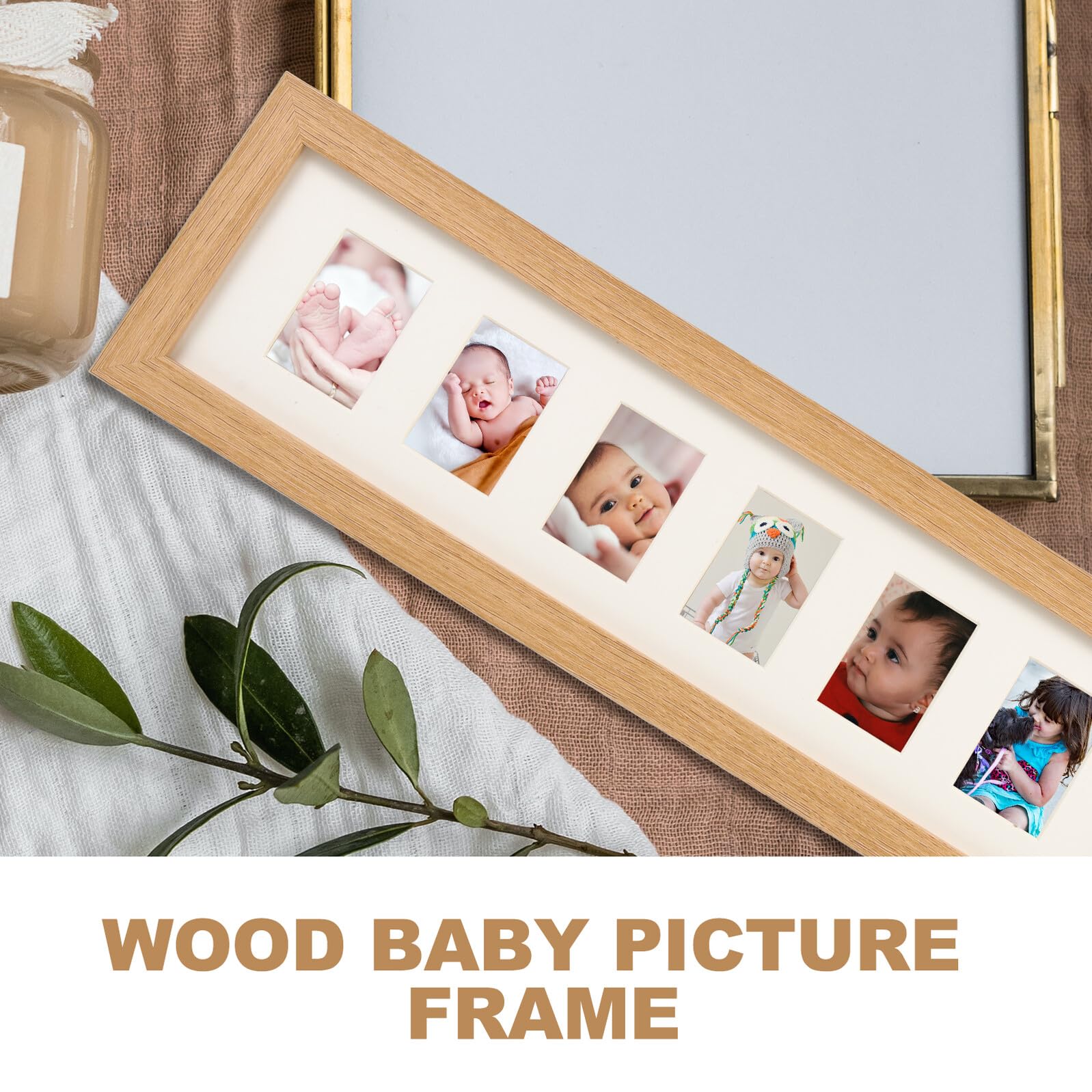 TOYANDONA Marco de Fotos de Madera para Bebés 6 Agujeros, Soporte de Escritorio para Recuerdo de Primer Año, Portafotos Infantil para Recién Nacidos y Decoración de Habitación