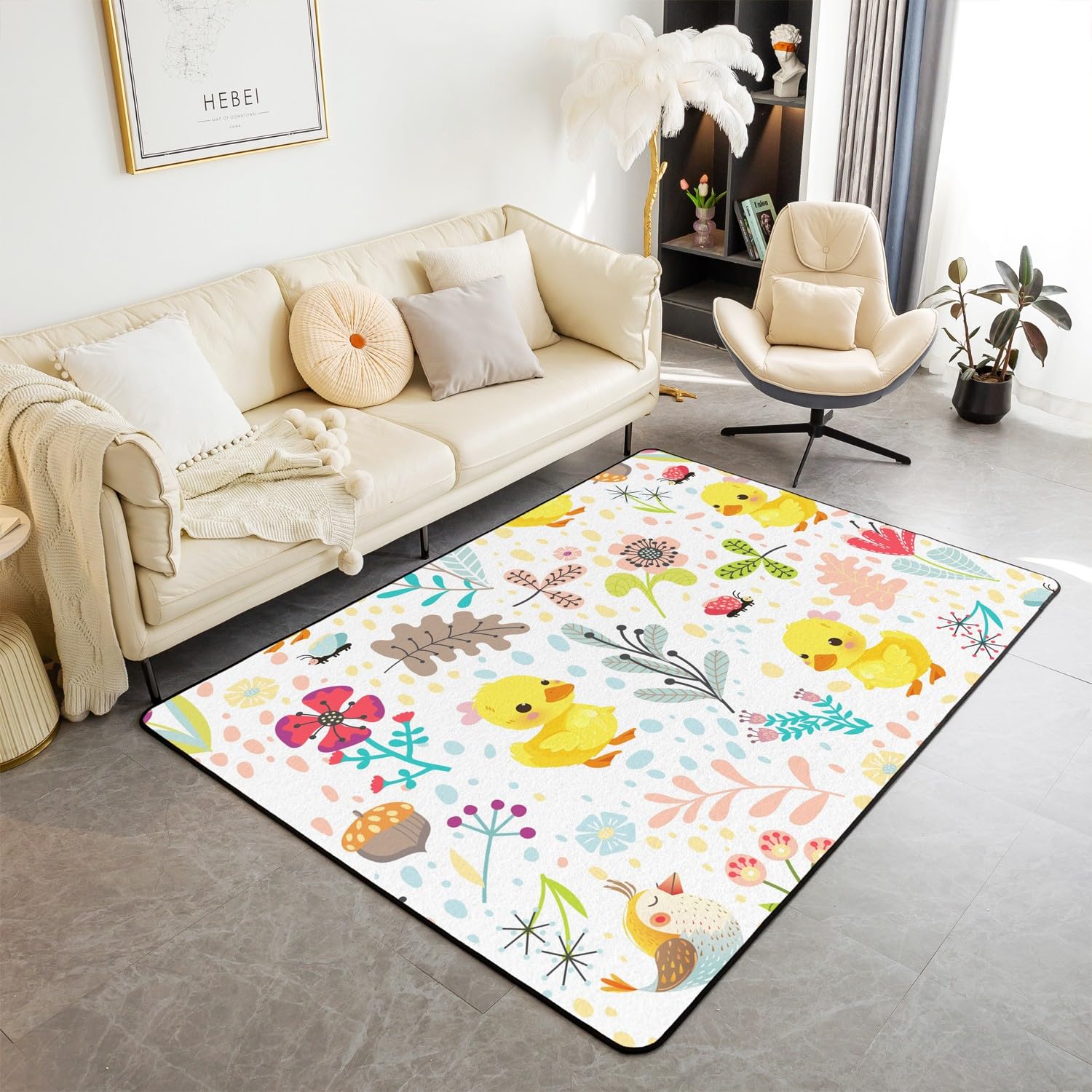 Dessin Animé Canard Tapis Salon 150x200,Mignon Animal Fleur Enfants Rectangulaire Tapis,Kawaii Ferme Impression Tapis Intérieur et Extérieur Chambre Salon,Jaune Bleu Fleur Lavable Tapis Décoratif