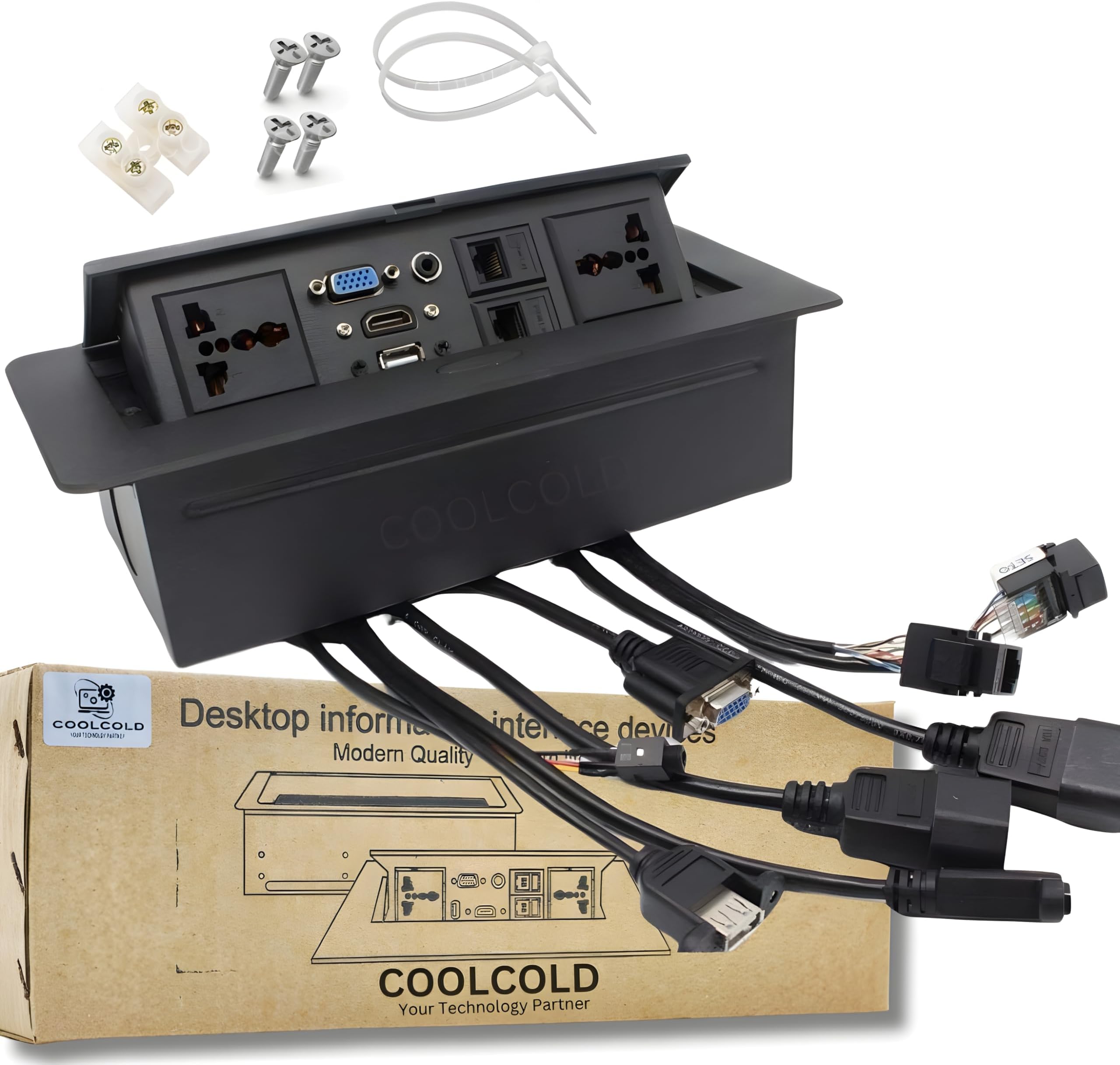 COOLCOLD 10 Module, Hydraulic Cable Cubby, Conference Table Connectivity Solutions, Flip-Top Hidden Desk Module Pop Up Box with HDMI, VGA, Audio, LAN, Power & USB Port (Black) - 1 Year Warranty