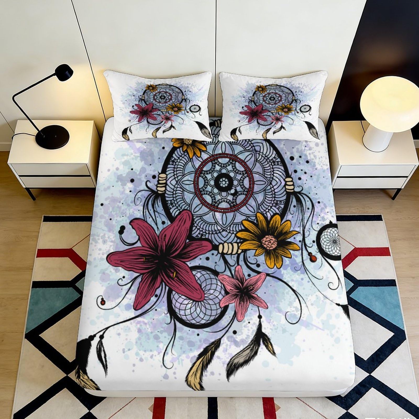3D Printed Dreamcatcher Floral Fitted Sheet Microfiber Soft Breathable Sunflower Bed Sheet for Bedroom Dorm Decor 90x200x25cm