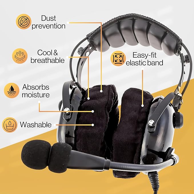KA-1 General Aviation Headset for Pilots with 100% Cotton, Washable, Double Knit, Cloth Ear Cover (Sold in Pairs)